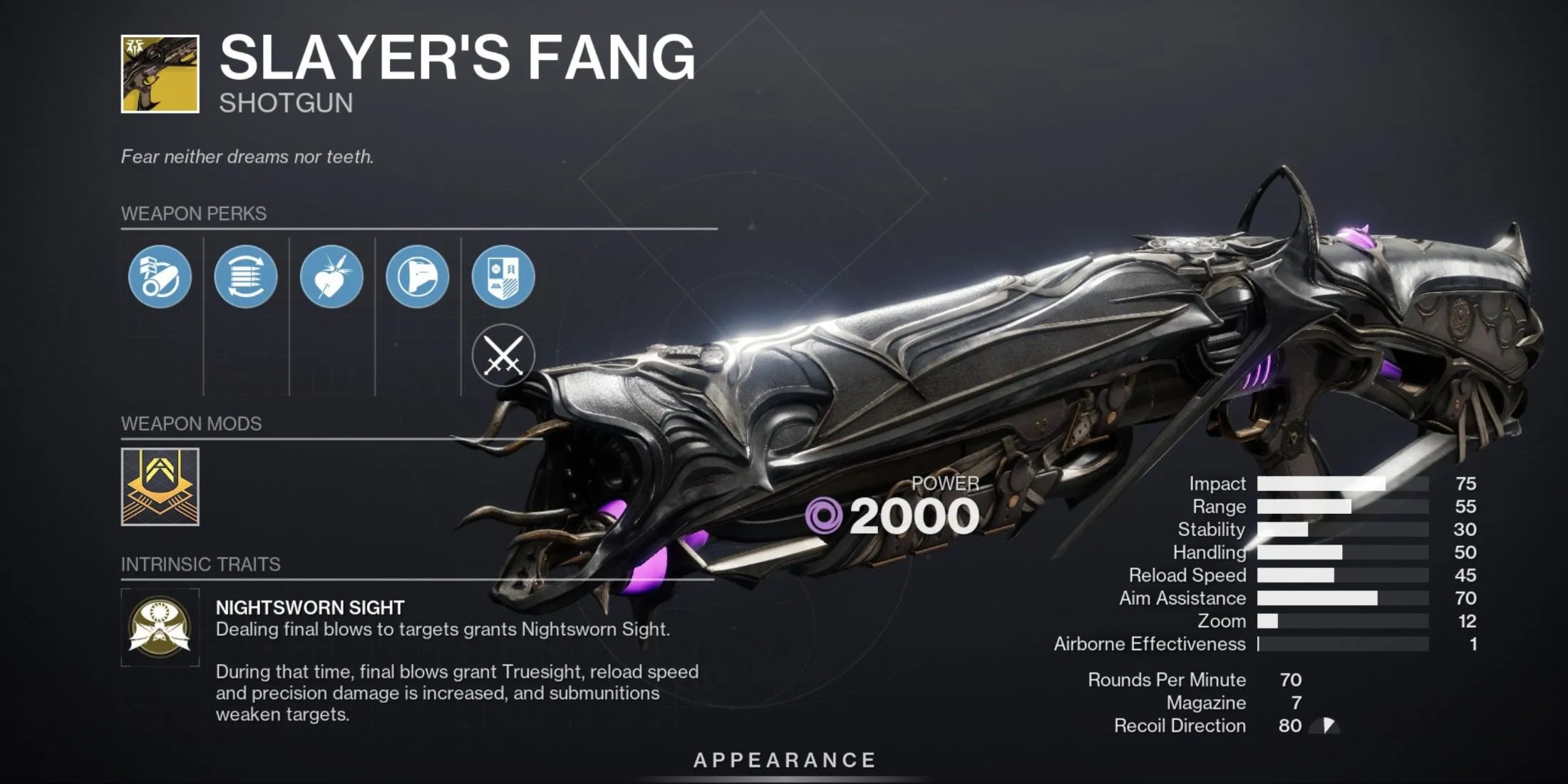 Slayers Fang, Shotgun Exotic mới trong Destiny 2 với họa tiết đặc trưng.