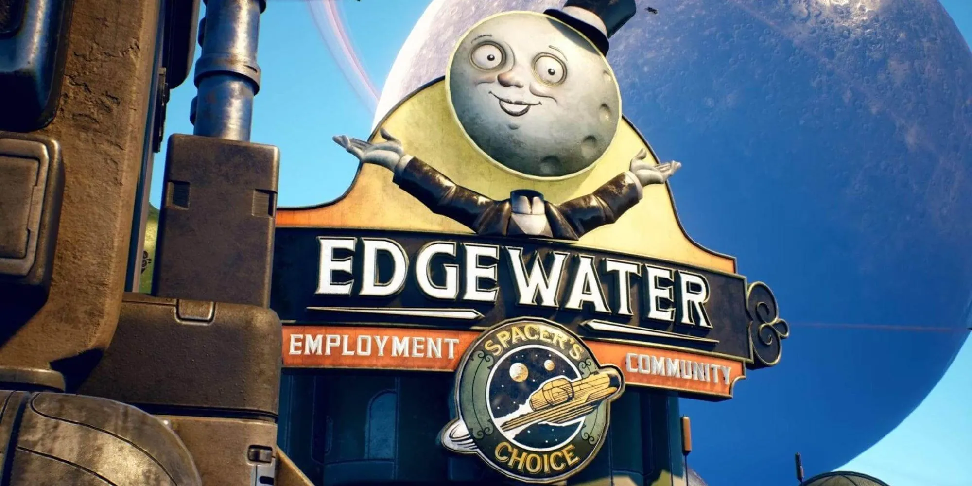 Thành phố Edgewater trong The Outer Worlds, bối cảnh đặc trưng của series game RPG sci-fi này.