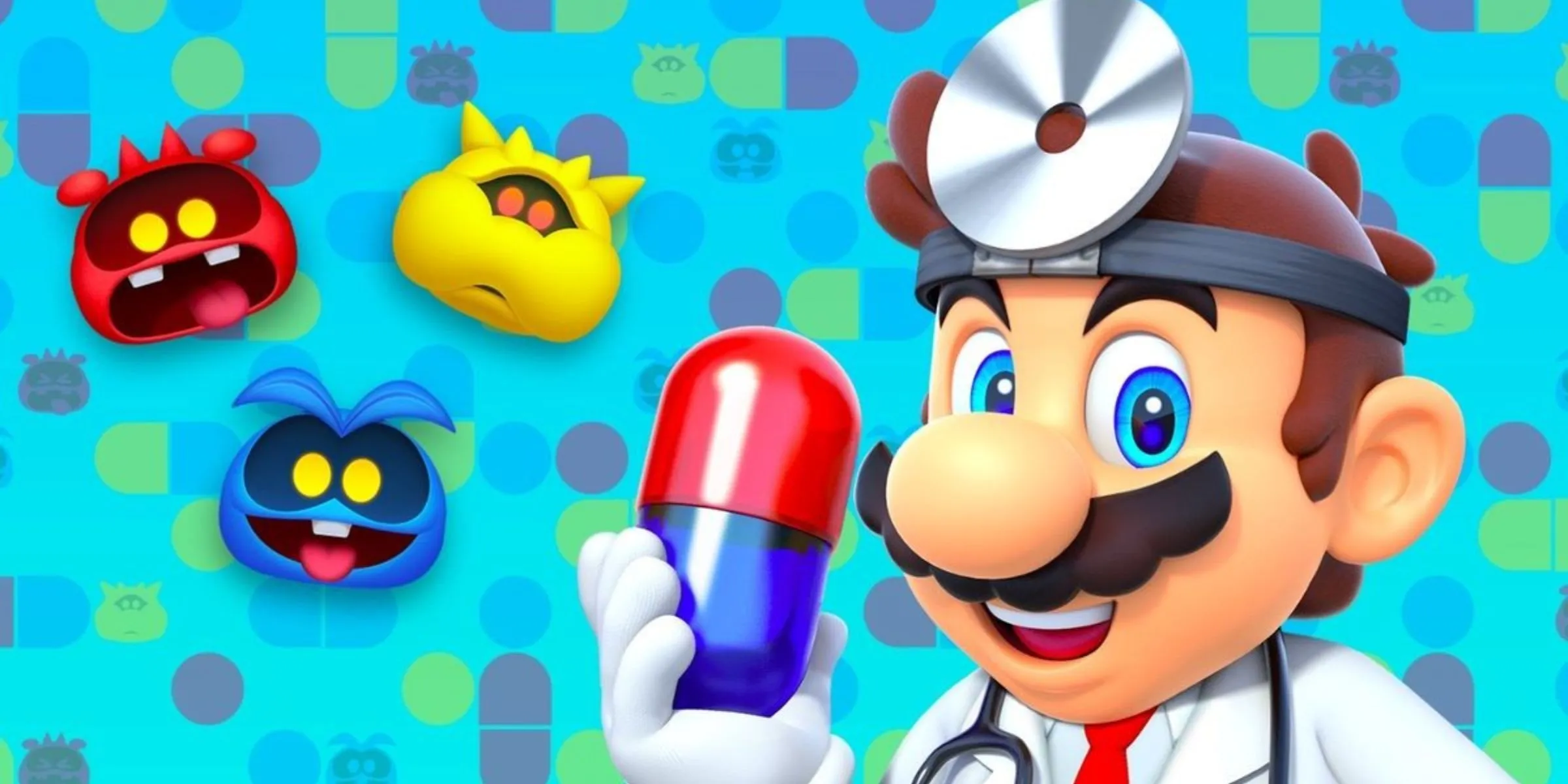 Tiến sĩ Mario cầm Mega Vitamin cùng ba loại virus từ game Dr. Mario World, biểu tượng của &quot;thuốc gamer&quot;.