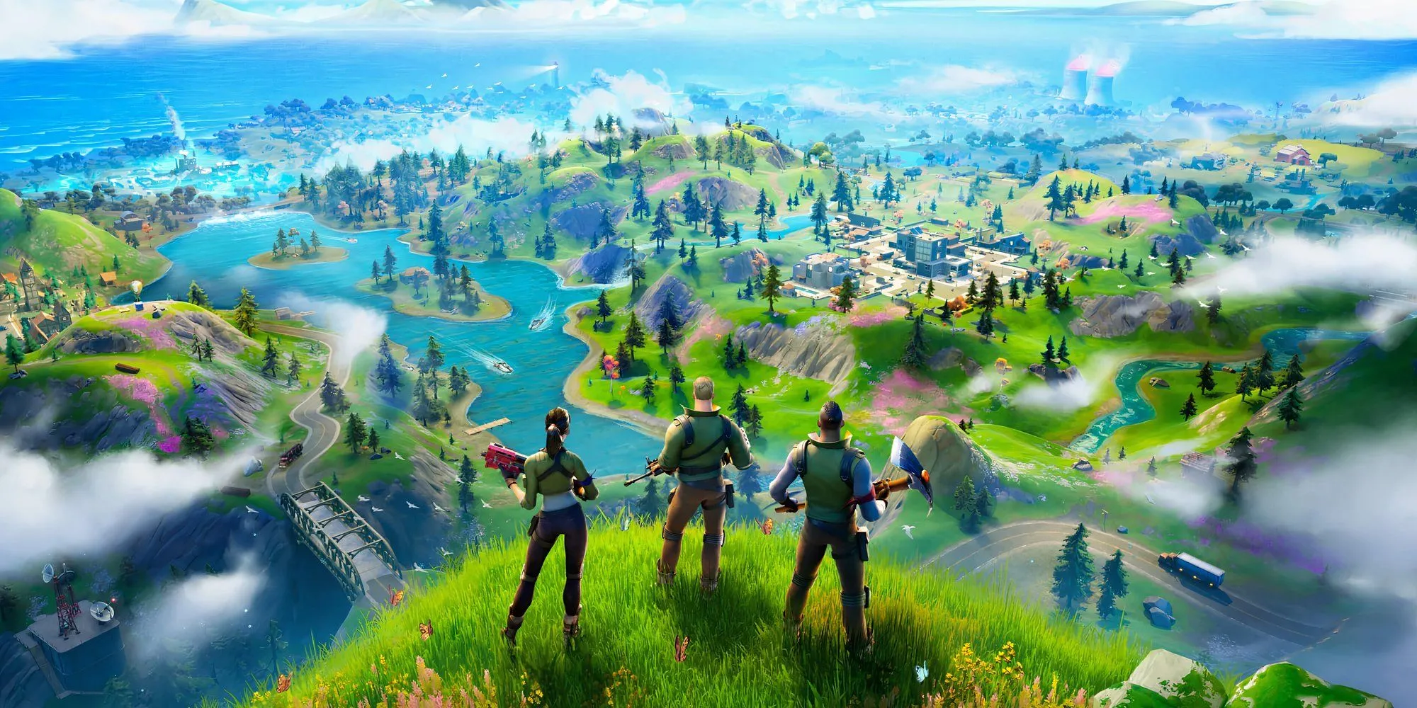 Toàn cảnh hòn đảo Fortnite, nơi các trận chiến Battle Royale nảy lửa và những ý tưởng sáng tạo độc đáo ra đời.