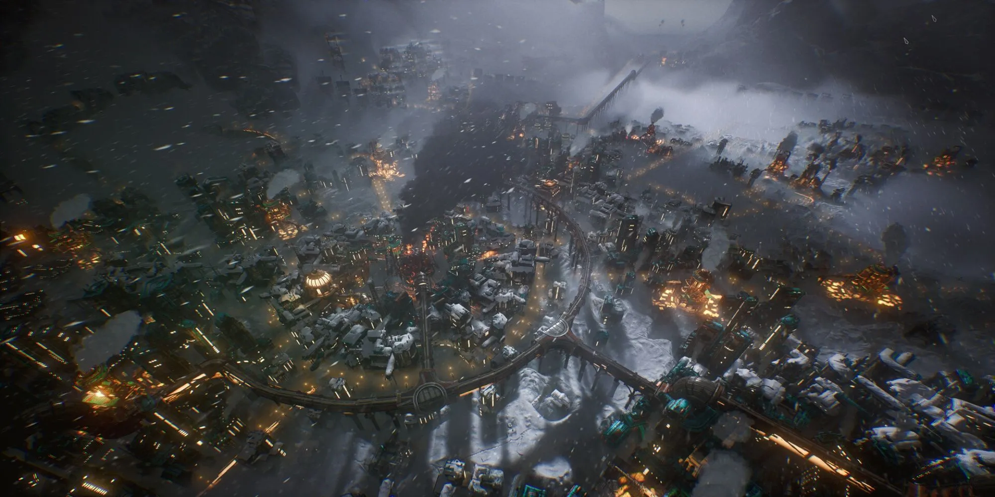 Toàn cảnh thành phố Frostpunk 2 với kiến trúc đồ sộ, ngập tràn hơi nước và băng tuyết, thể hiện gameplay sinh tồn khắc nghiệt