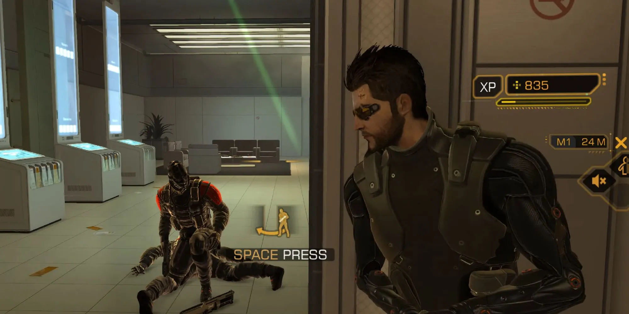 Adam Jensen, nhân vật chính của Deus Ex: Human Revolution, đang ẩn nấp trong một môi trường khoa học viễn tưởng với công nghệ cao