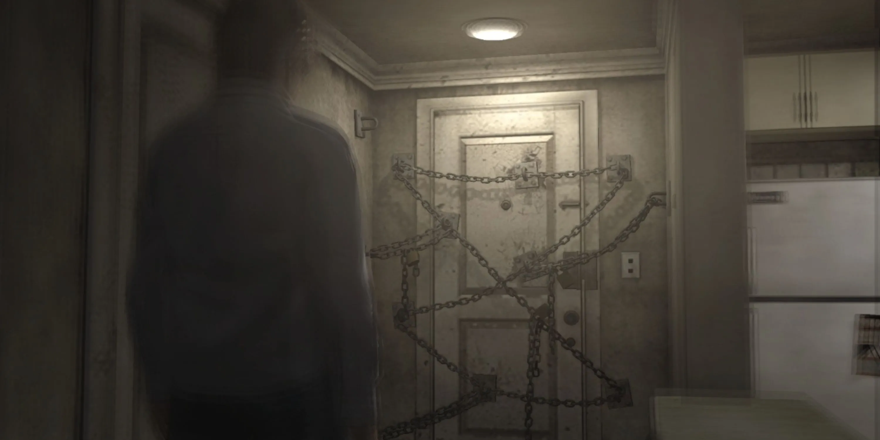 Ảnh bìa game Silent Hill 4: The Room với nhân vật Henry Townshend đứng trước căn phòng bí ẩn, ám chỉ những bí ẩn và độ khó của game.