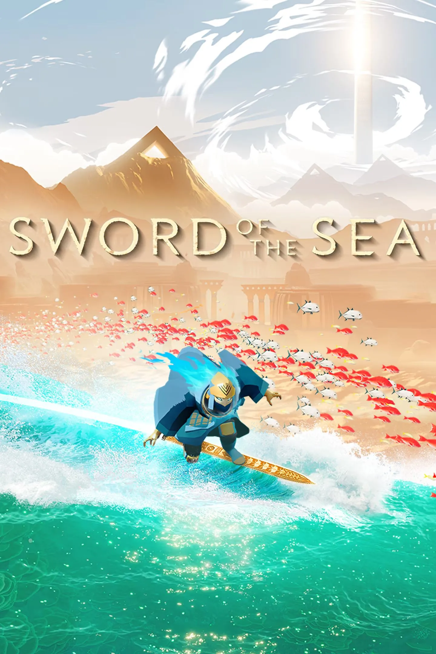 Ảnh bìa Sword of the Sea với nhân vật chính và thanh kiếm lướt trên cồn cát mênh mông, bầu trời hoàng hôn rực rỡ.