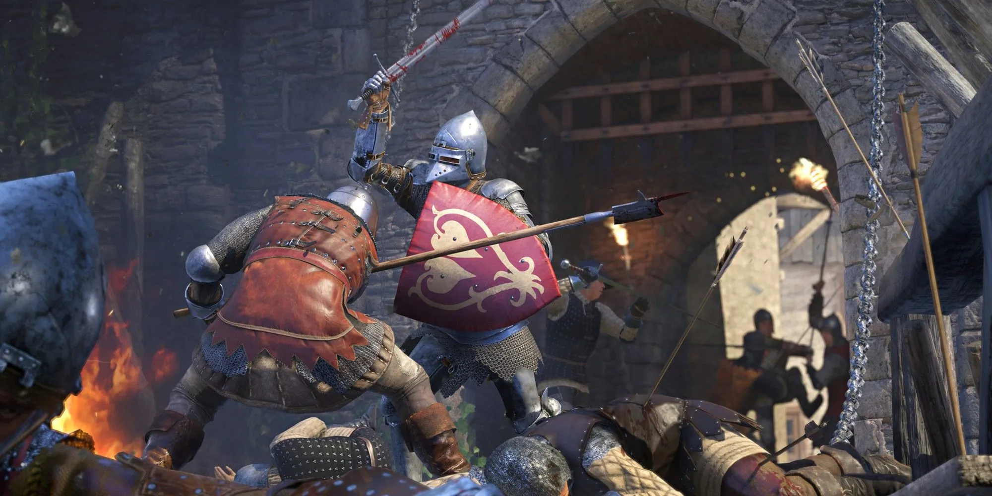 Cảnh chiến đấu trong Kingdom Come Deliverance 2, với những binh lính đang giao tranh trong một cuộc bao vây.