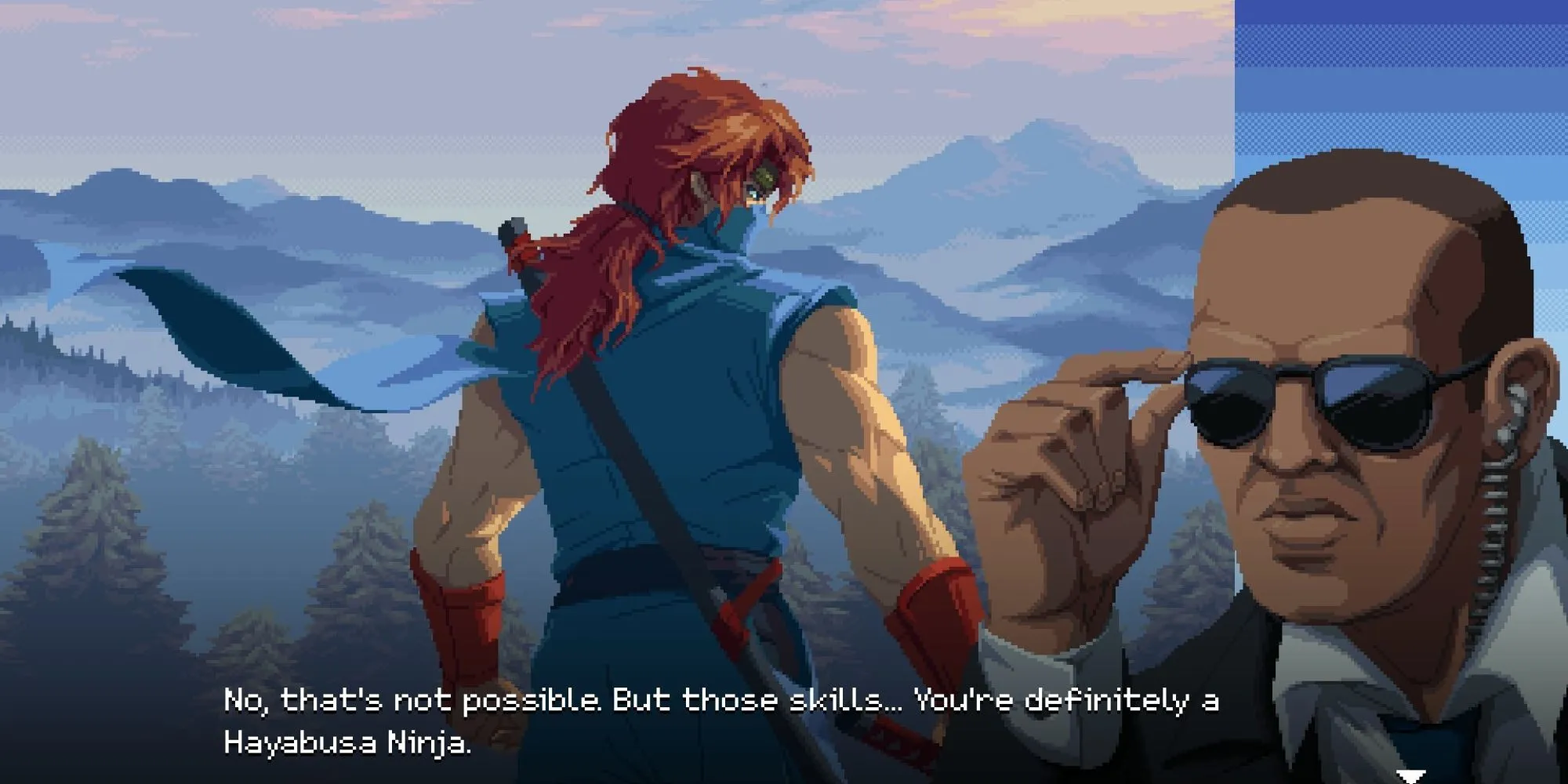 Cảnh cốt truyện Ninja Gaiden Ragebound khi Kenji Mozu và Kumori hợp thể để đối đầu kẻ thù
