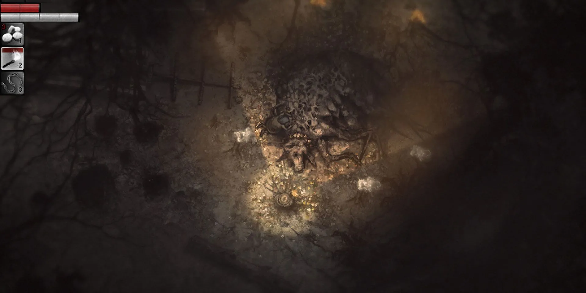 Cảnh gameplay Darkwood từ góc nhìn từ trên xuống, thể hiện không khí u ám và áp lực sinh tồn trong rừng rậm.