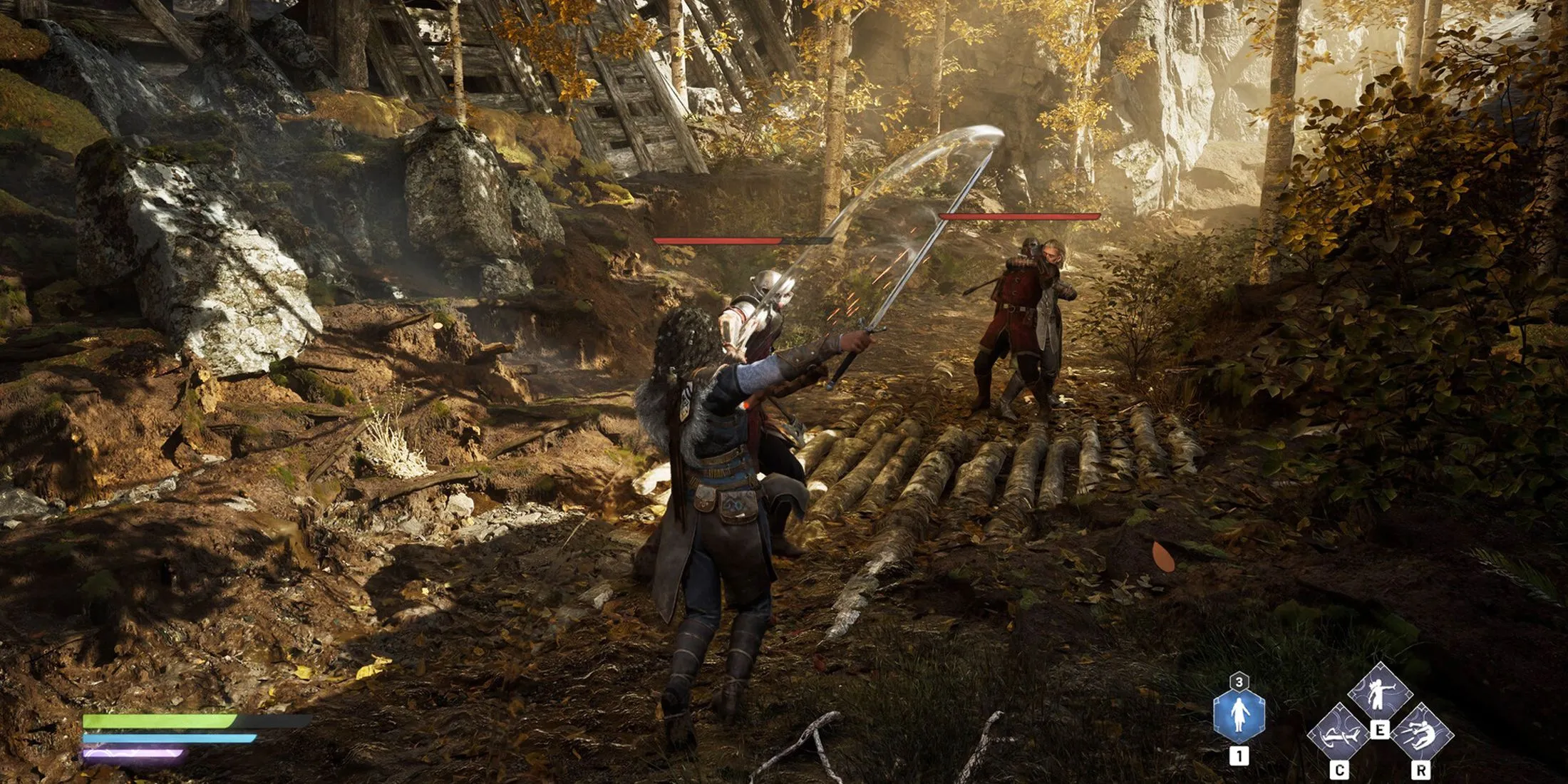 Cảnh gameplay Echoes of the End, Ryn đối mặt với quái vật giữa khung cảnh hùng vĩ