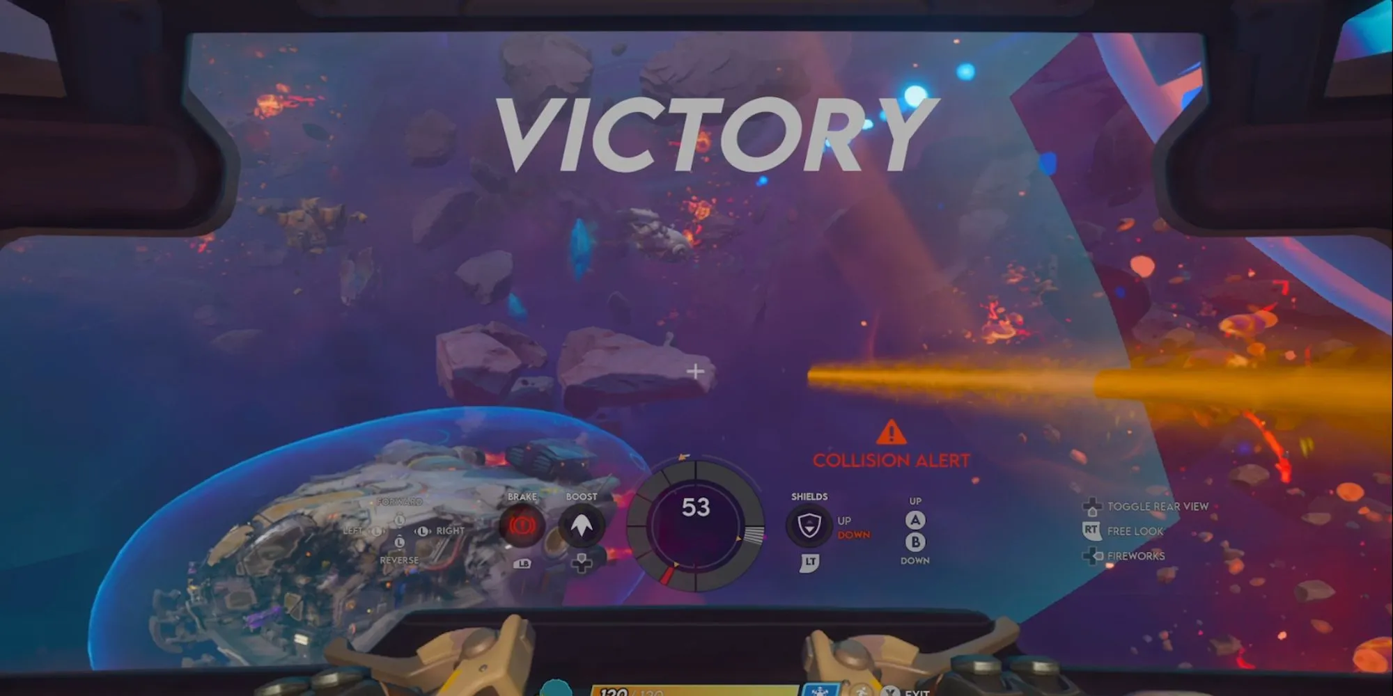 Cảnh gameplay Wildgate, một phi thuyền đang bay trong không gian đầy sao và các cấu trúc lạ