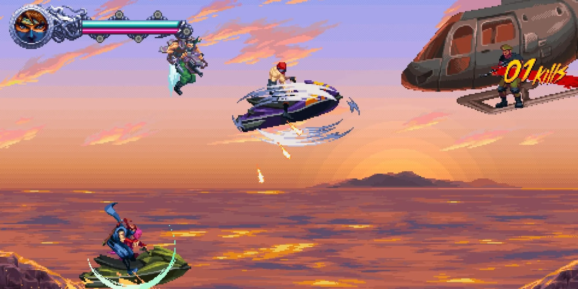 Cảnh Kenji Mozu lái jet ski trong Ninja Gaiden Ragebound, một trong những màn chơi đa dạng và độc đáo của game