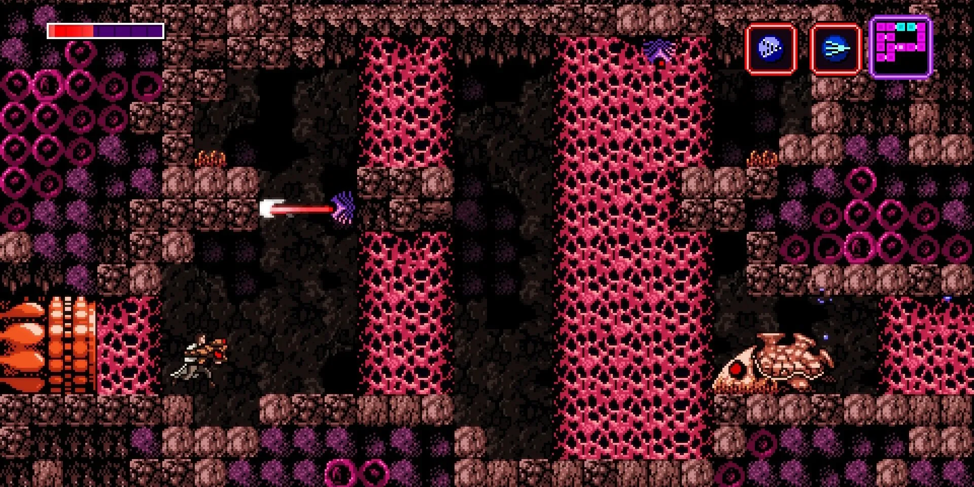 Cảnh quan tường lớn bị glitch trong Axiom Verge, minh họa khả năng thao túng thế giới của Trace.