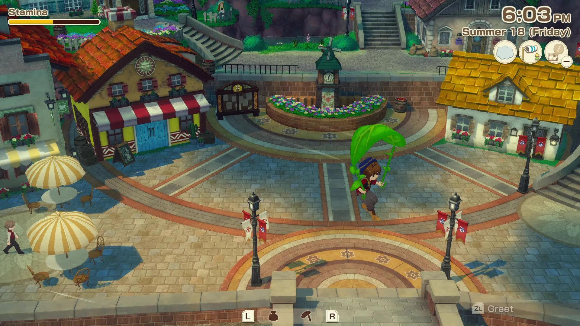 Cặp đôi nhân vật tương tác tại một địa điểm đẹp trong Story of Seasons Grand Bazaar thể hiện đồ họa game
