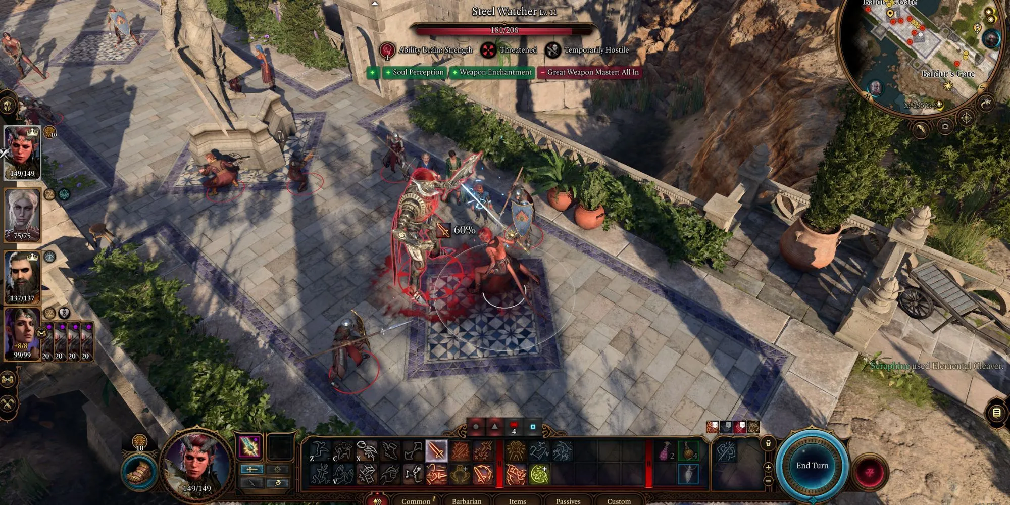 Chiến binh khổng lồ Barbarian trong Baldur's Gate 3 đang chuẩn bị chiến đấu, minh họa những trận chiến căng thẳng.