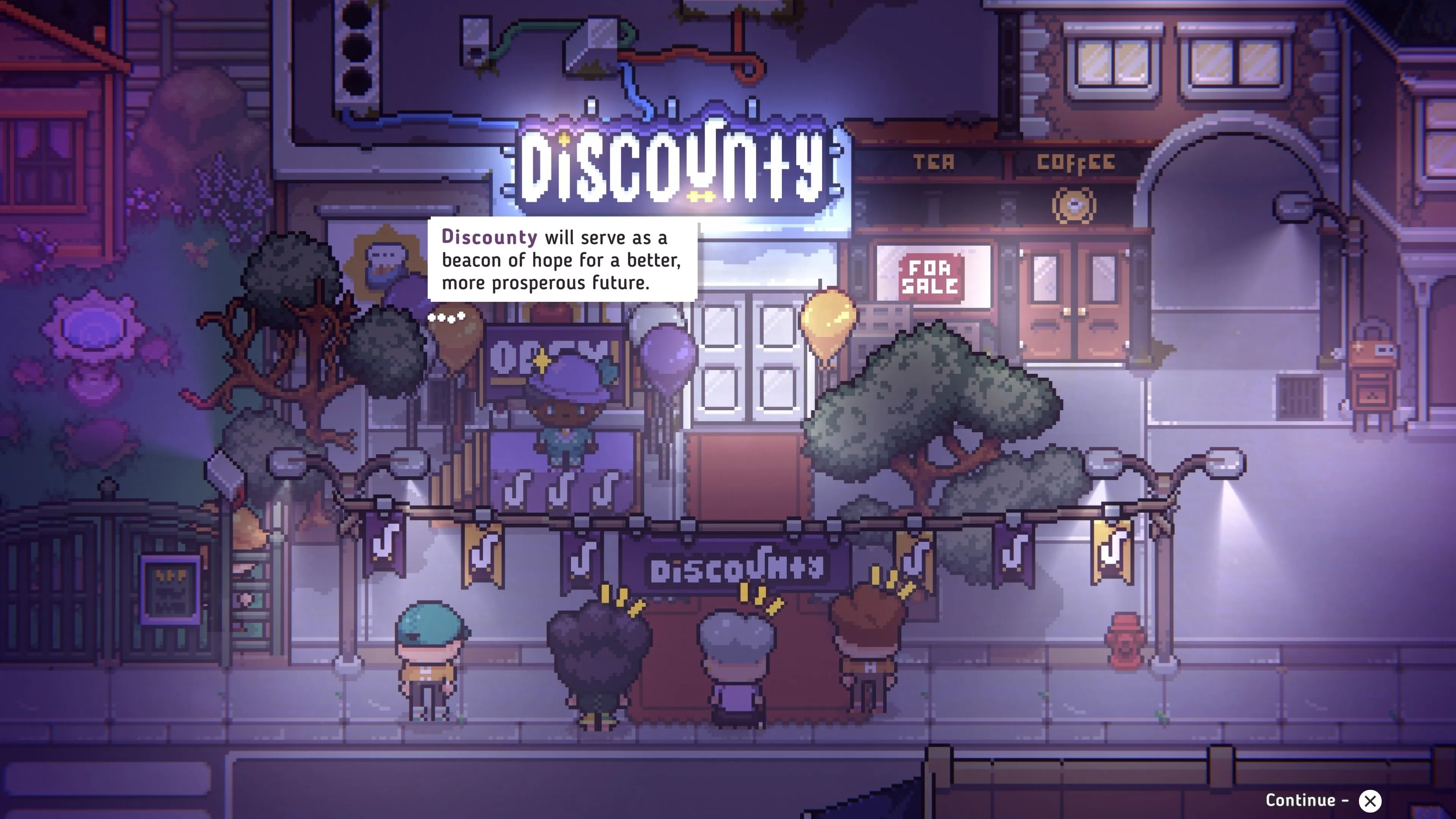 Chủ tiệm Discounty trong cửa hàng pixel art ấm cúng với kệ hàng đầy ắp, chuẩn bị đón khách tại Blomkest