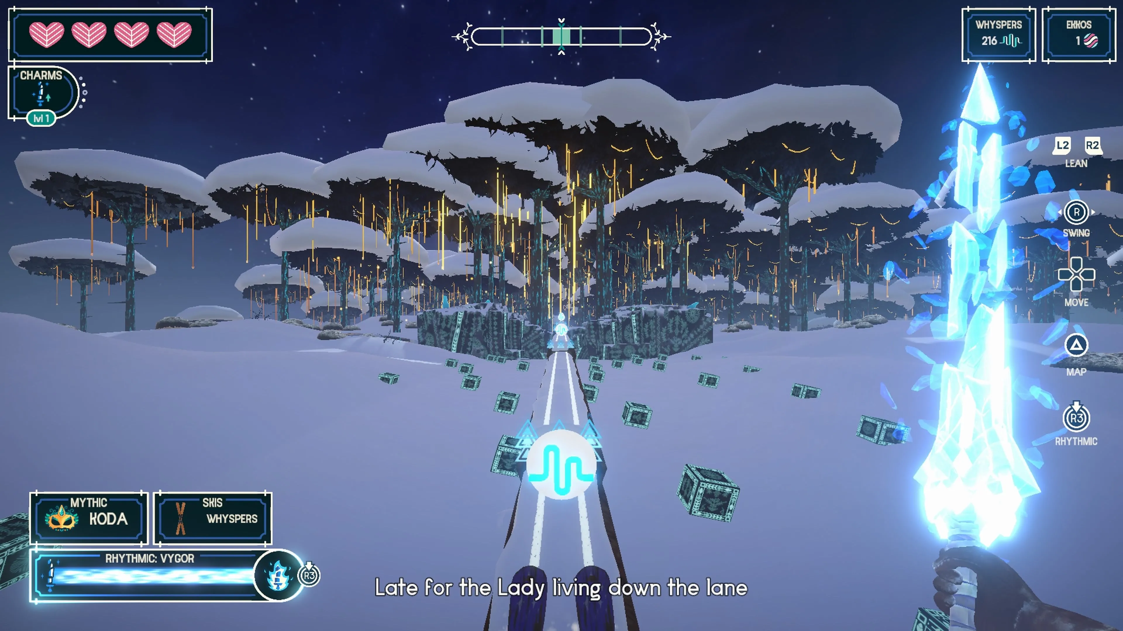 Fresh Tracks với game thủ đang điều khiển nhân vật trượt tuyết và sử dụng kiếm