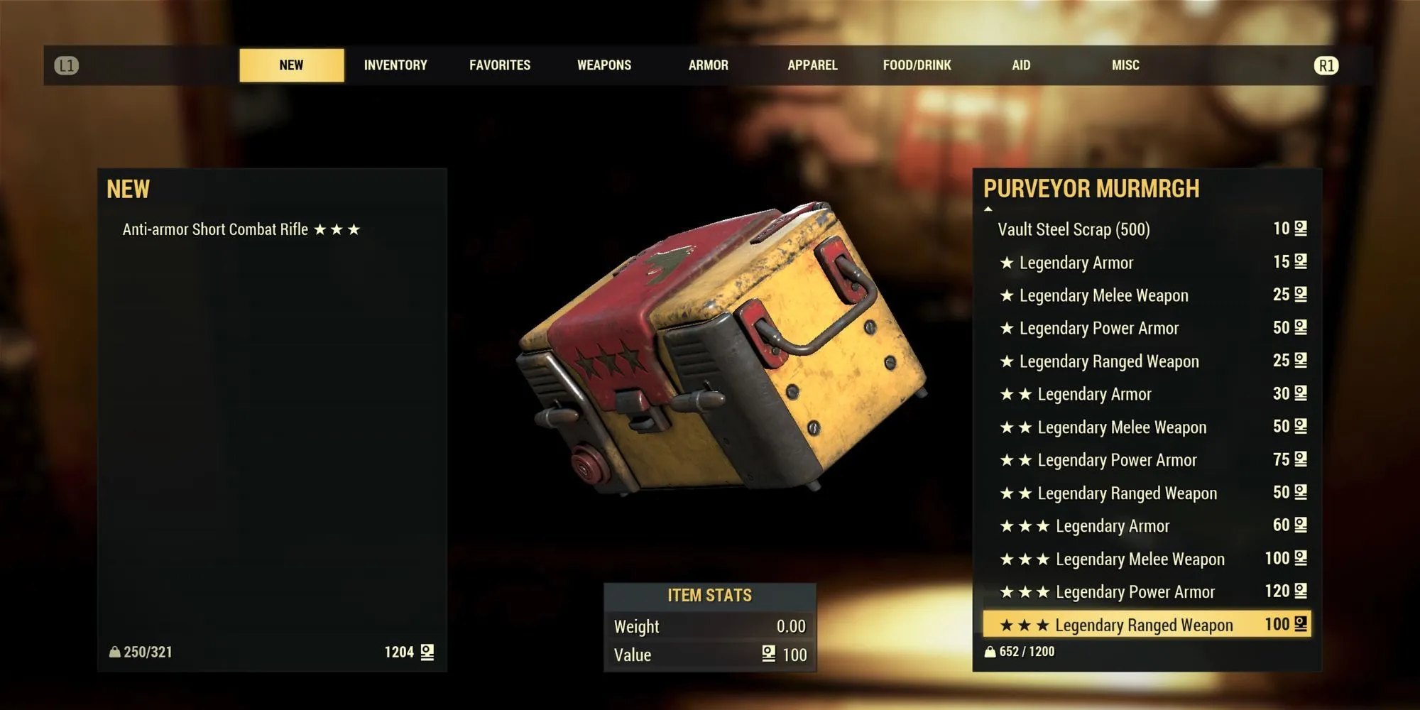Game thủ Fallout 76 giao dịch Legendary Item với Murmrgh tại The Rusty Pick