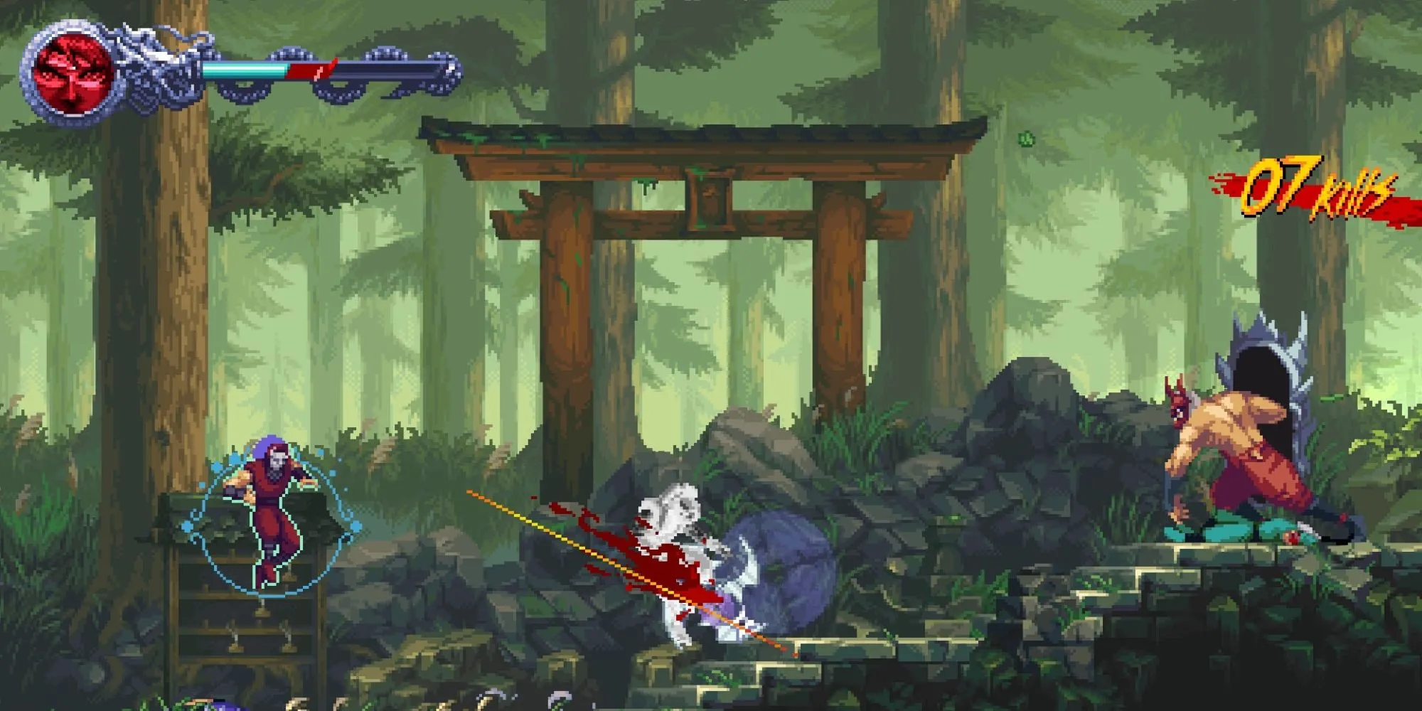 Gameplay hành động 2D của Ninja Gaiden Ragebound với Kenji Mozu và Kumori trong bối cảnh nguy hiểm