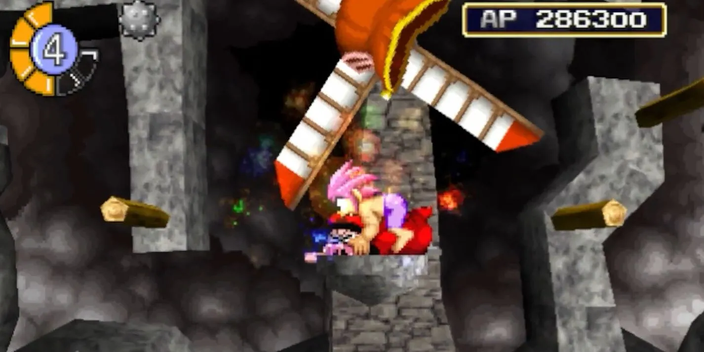 Gameplay Tomba! với nhân vật chính tóc dựng ngược đang phiêu lưu qua bản đồ đầy sắc màu, đối đầu với lũ lợn quỷ.