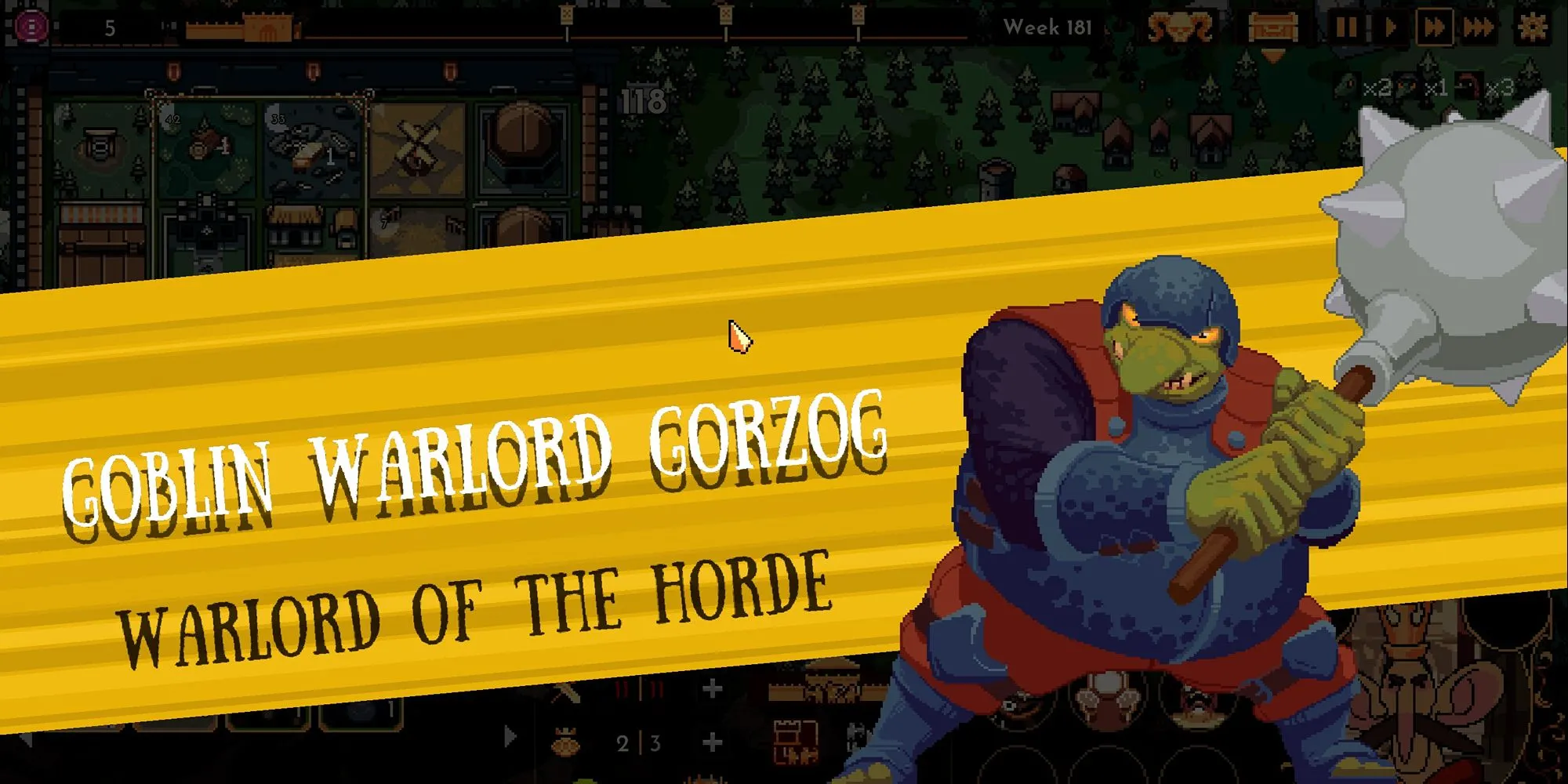 Giao diện màn hình Warlord Goblin Gorzog trong The King is Watching, thể hiện việc đối mặt và thích nghi với các tướng địch