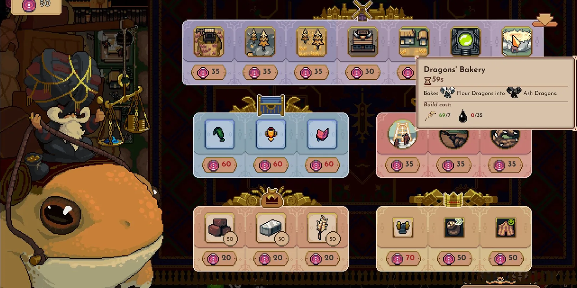Giao diện menu thương nhân trong The King is Watching, hiển thị lựa chọn Lò Bánh Rồng, một trong nhiều công trình độc đáo của game