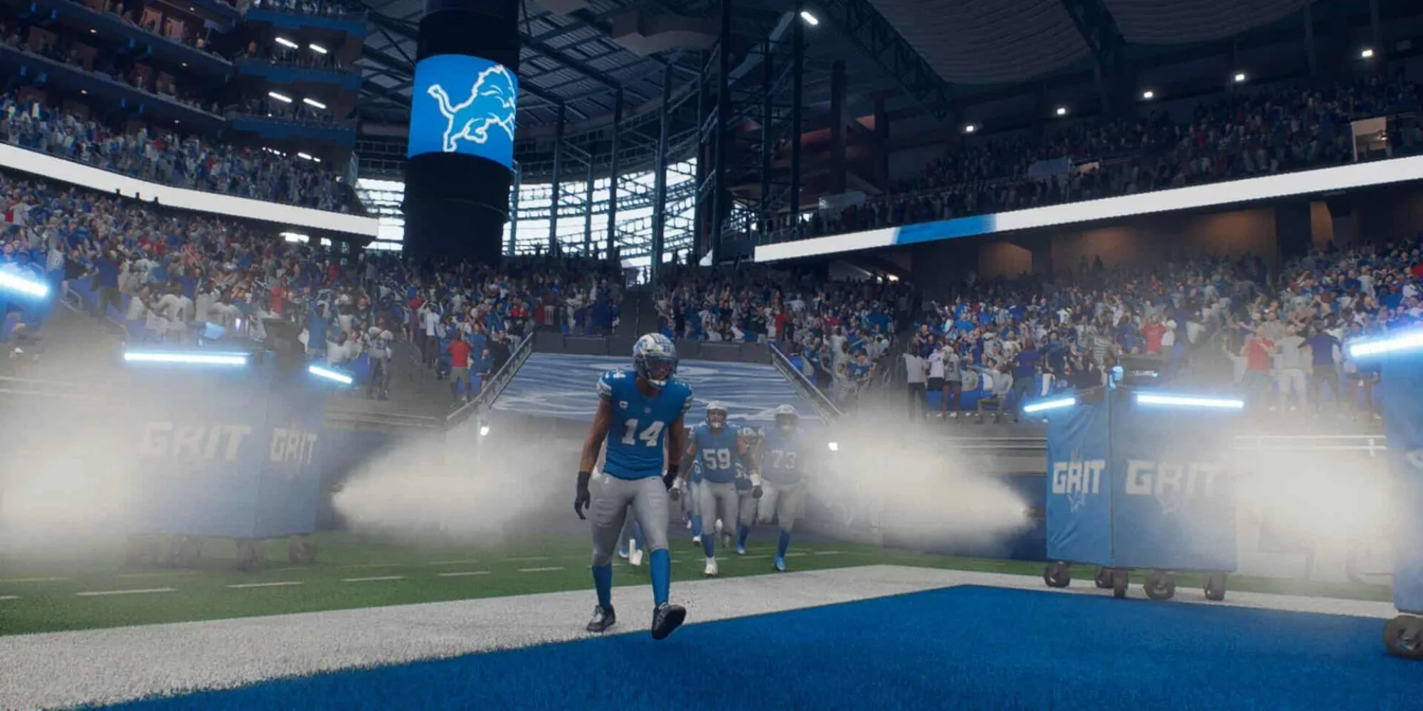 Giao diện trình bày trận đấu trong Madden NFL 26, với góc quay cận cảnh và hiệu ứng ánh sáng sân vận động