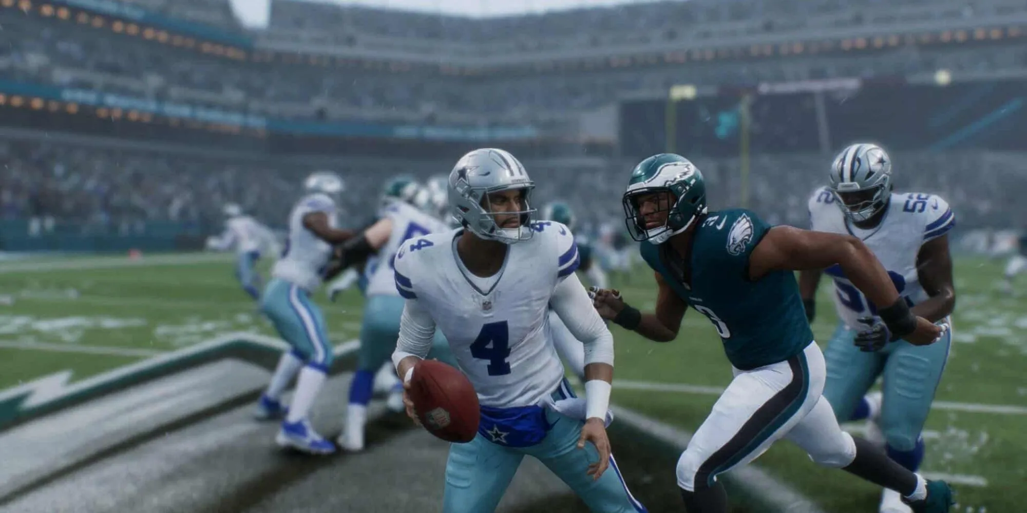 Hậu vệ Madden NFL 26 đang sack Dak Prescott của Dallas Cowboys, minh họa lỗi AI và gameplay thiếu thực tế