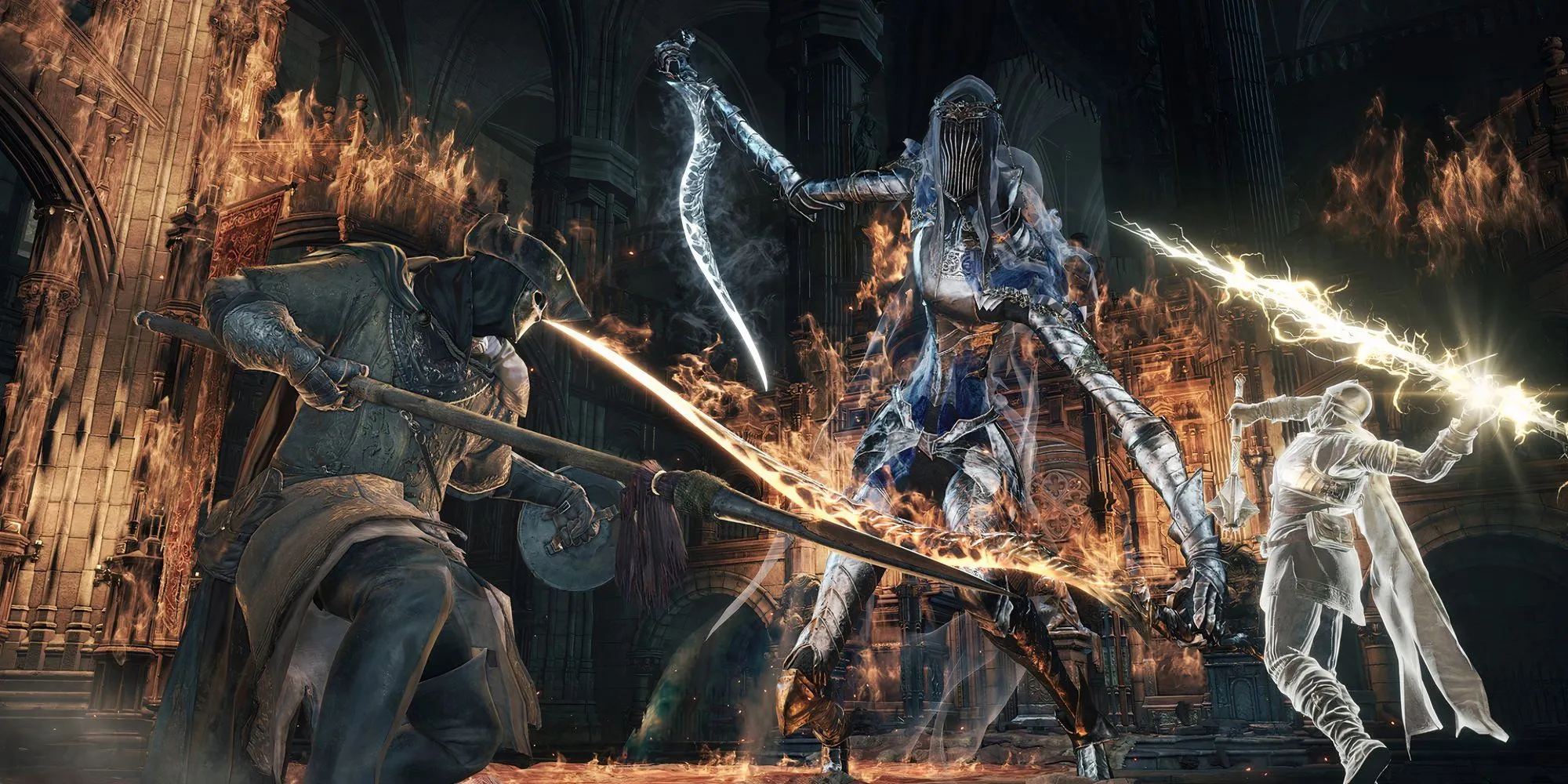 Hiệp sĩ Ashen One và summon đang đối đầu với Dancer of the Boreal Valley trong Dark Souls 3, cảnh chiến đấu kịch tính