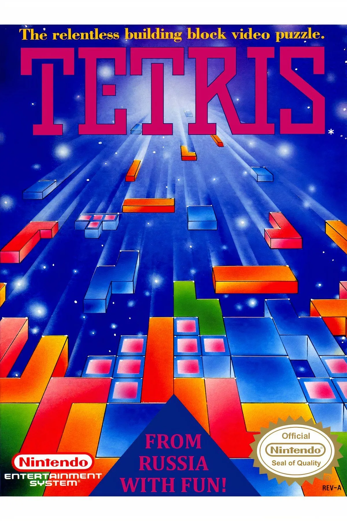 Hình ảnh bìa gốc của game Tetris phiên bản 1989 trên Game Boy, với những khối Tetrimino quen thuộc đang rơi.