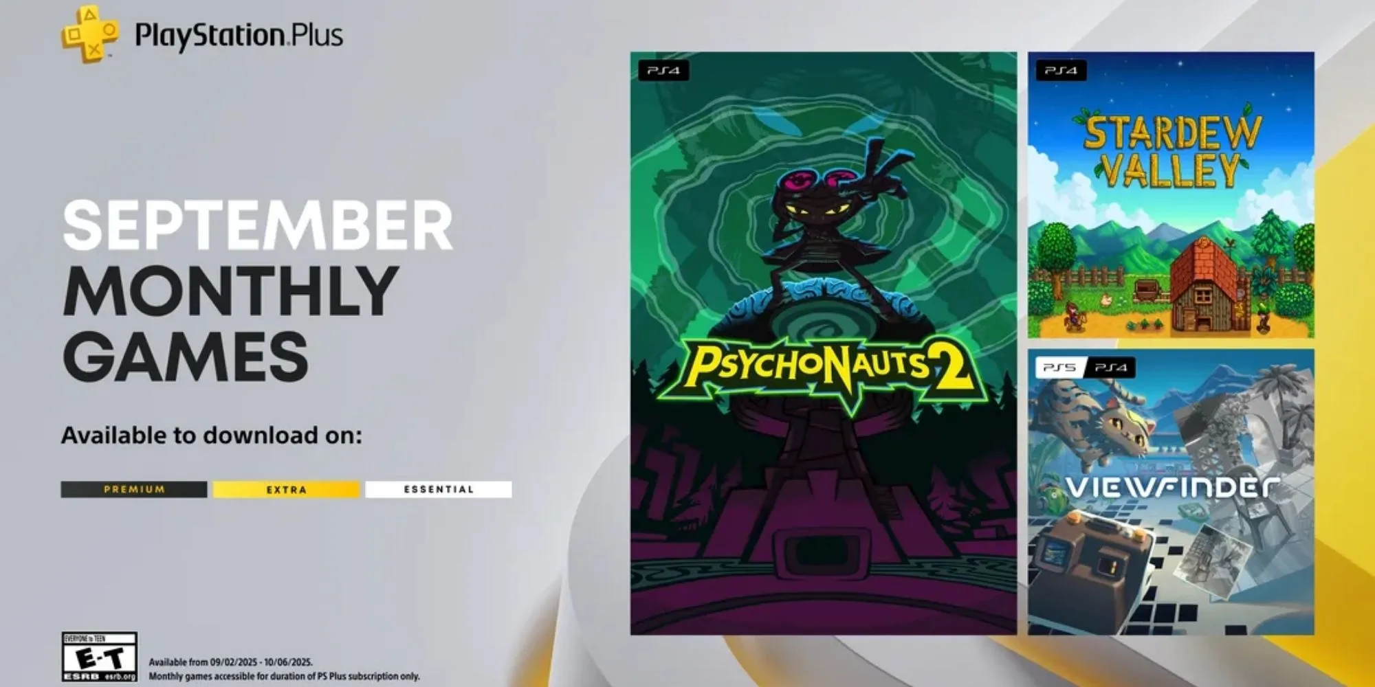 Hình ảnh đại diện ba tựa game miễn phí PlayStation Plus tháng 9 bao gồm Psychonauts 2, Stardew Valley và Viewfinder