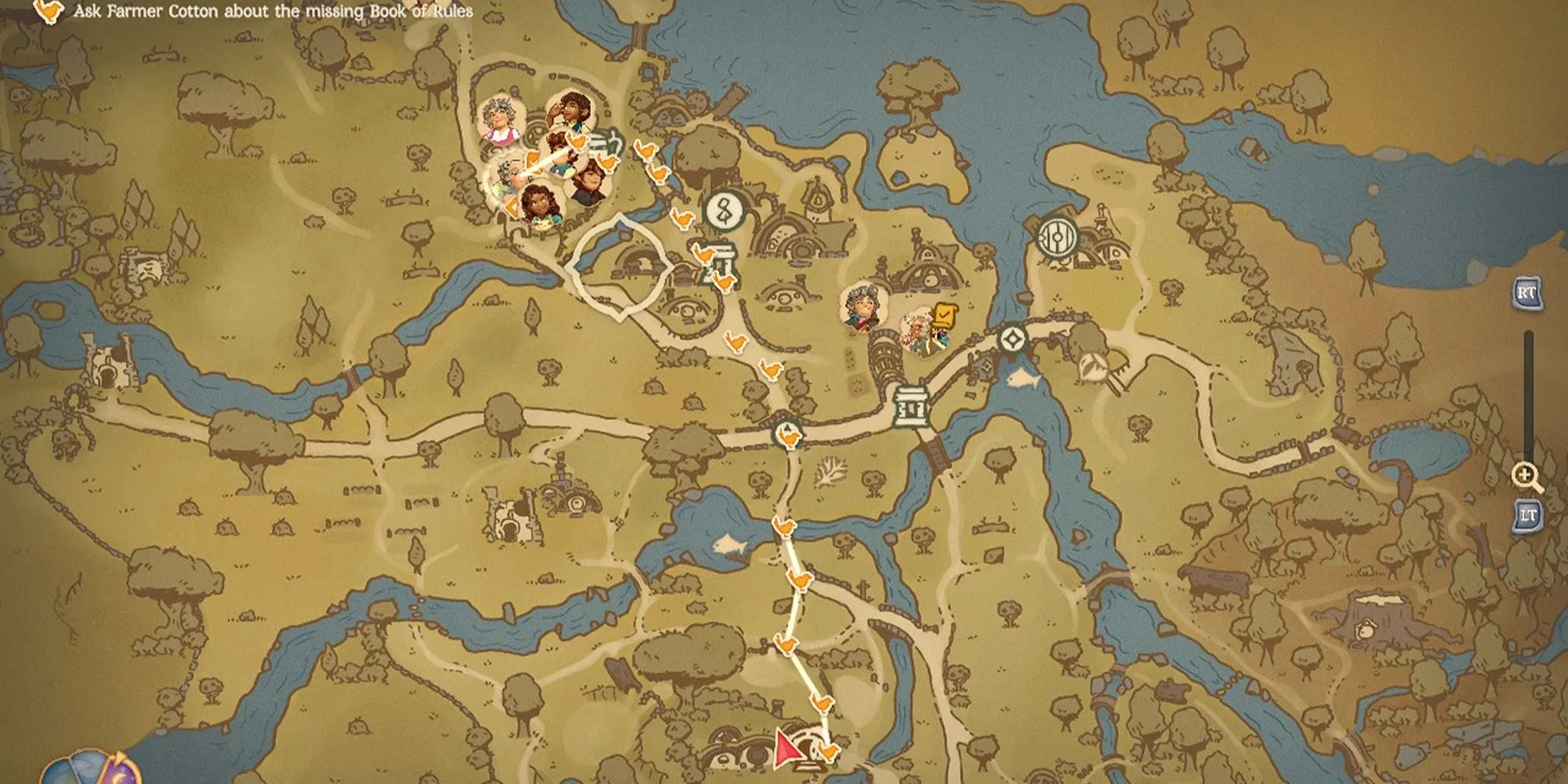 Hình ảnh Tales of the Shire: Bản đồ trong game với một con chim đang đậu trên cột chỉ đường, tượng trưng cho tính năng dẫn đường thông minh.