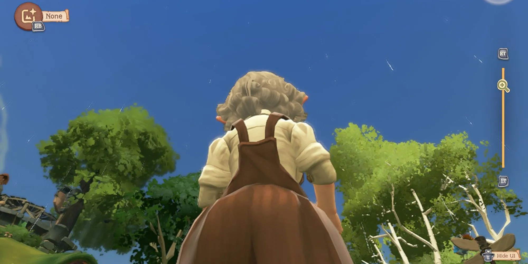Hình ảnh Tales of the Shire: Cảnh trong game trời đang mưa nhưng bầu trời vẫn trong xanh không một gợn mây, minh họa một lỗi đồ họa.