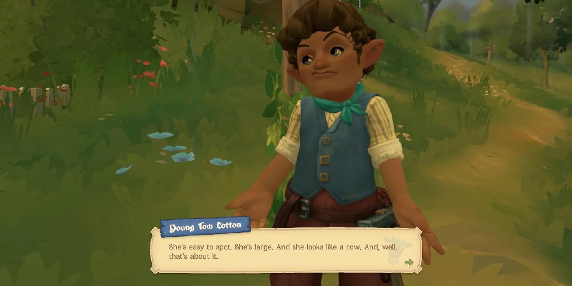 Hình ảnh Tales of the Shire: Một đoạn hội thoại giữa nhân vật chính và một con bò, thể hiện tính cách nhân vật không nhất quán.