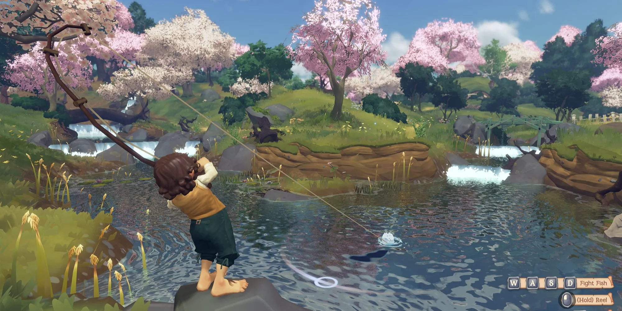 Hình ảnh Tales of the Shire: Một Hobbit đang câu cá bên bờ sông thơ mộng, thể hiện hoạt động giải trí nhẹ nhàng.