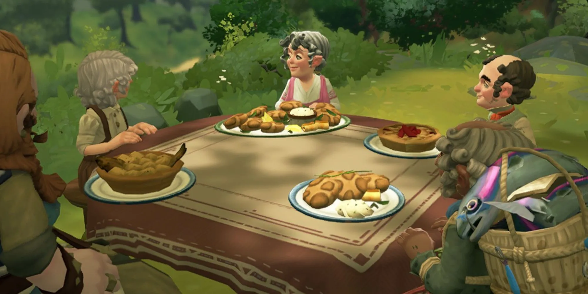 Hình ảnh Tales of the Shire: Một Hobbit đang chia sẻ bữa ăn thịnh soạn với bạn bè trong một ngôi nhà ấm cúng, thể hiện hoạt động cộng đồng.