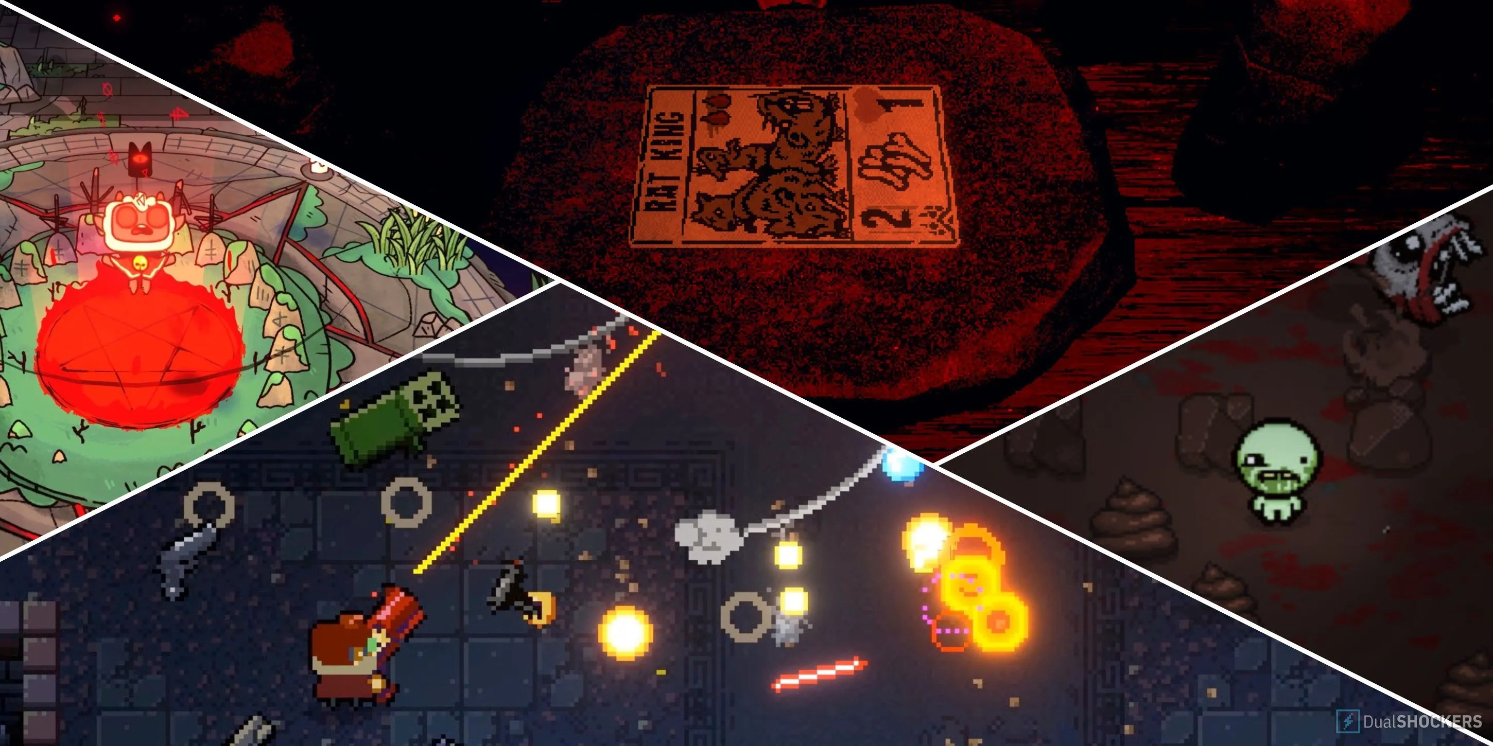 Hình ảnh tổng hợp các tựa game roguelike nổi tiếng như Cult of the Lamb, Inscryption, The Binding of Isaac, Gungeon