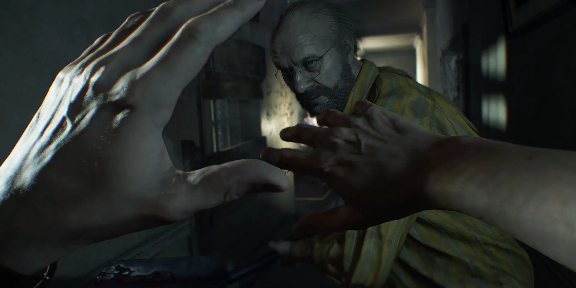 Jack Baker trong Resident Evil 7 đang tấn công người chơi, biểu tượng cho độ khó và sự kinh hoàng của gia đình Baker.