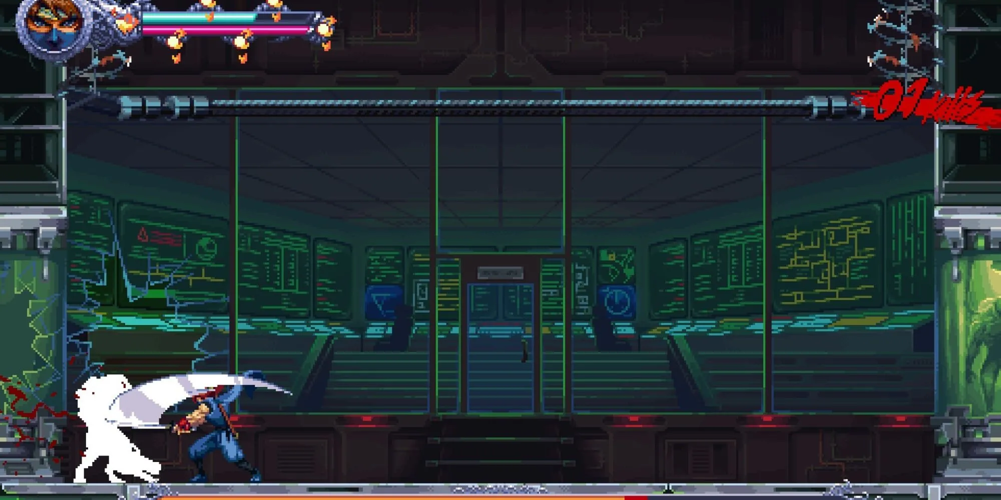 Kenji Mozu né tránh và chiến đấu trong môi trường 2D của Ninja Gaiden Ragebound, minh họa độ khó không khoan nhượng của game