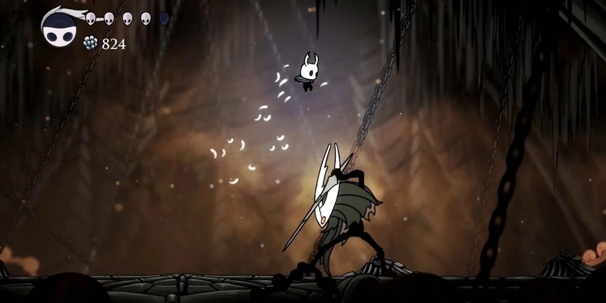 Knight trong Temple of the Black Egg đối mặt với Hollow Knight bị nhiễm bệnh, đại diện cho Kết thúc 1