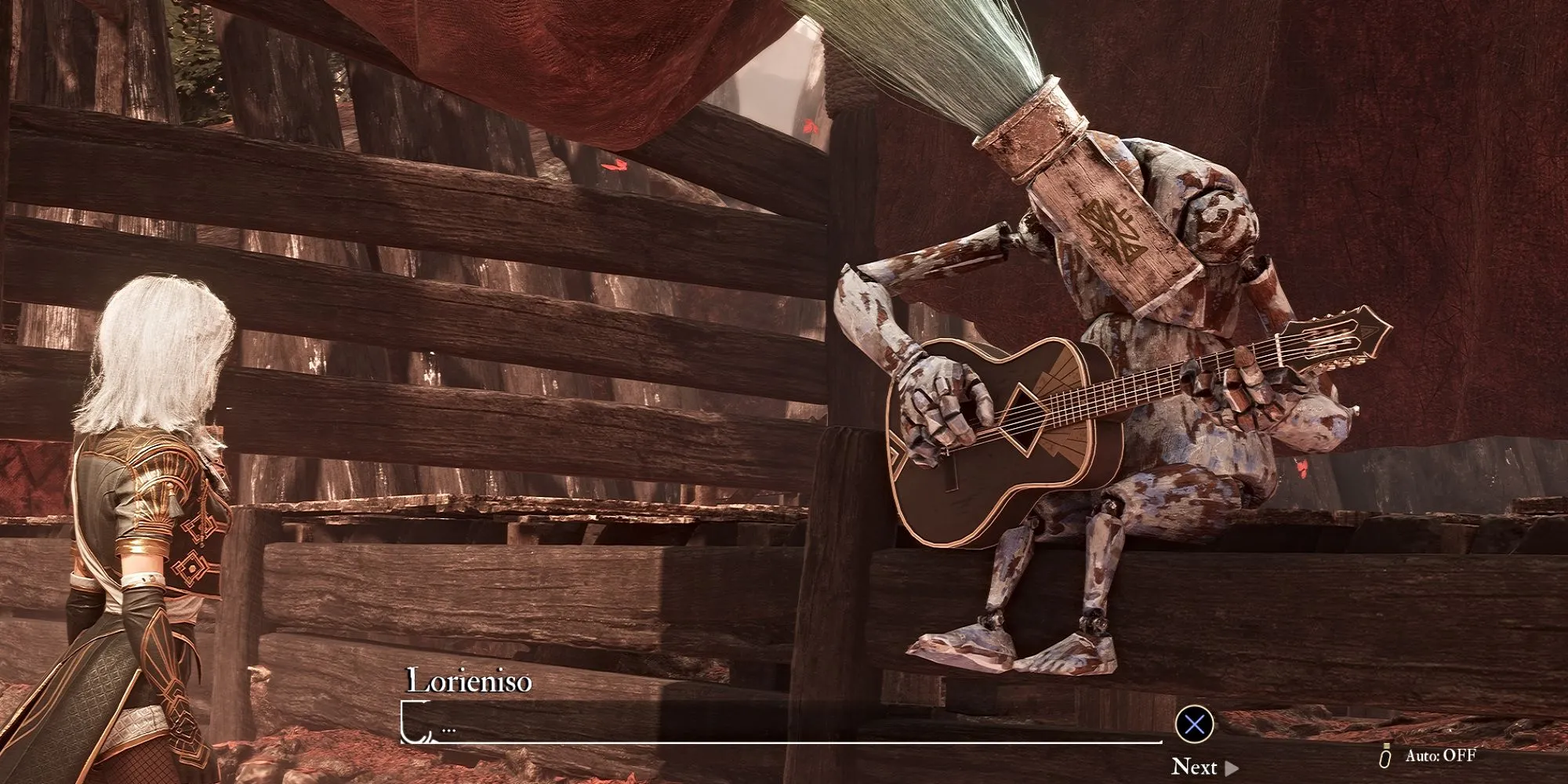 Lorieniso, một Gestral chơi guitar, ngồi trên sân khấu trong Làng Gestral, thể hiện sự tài năng âm nhạc