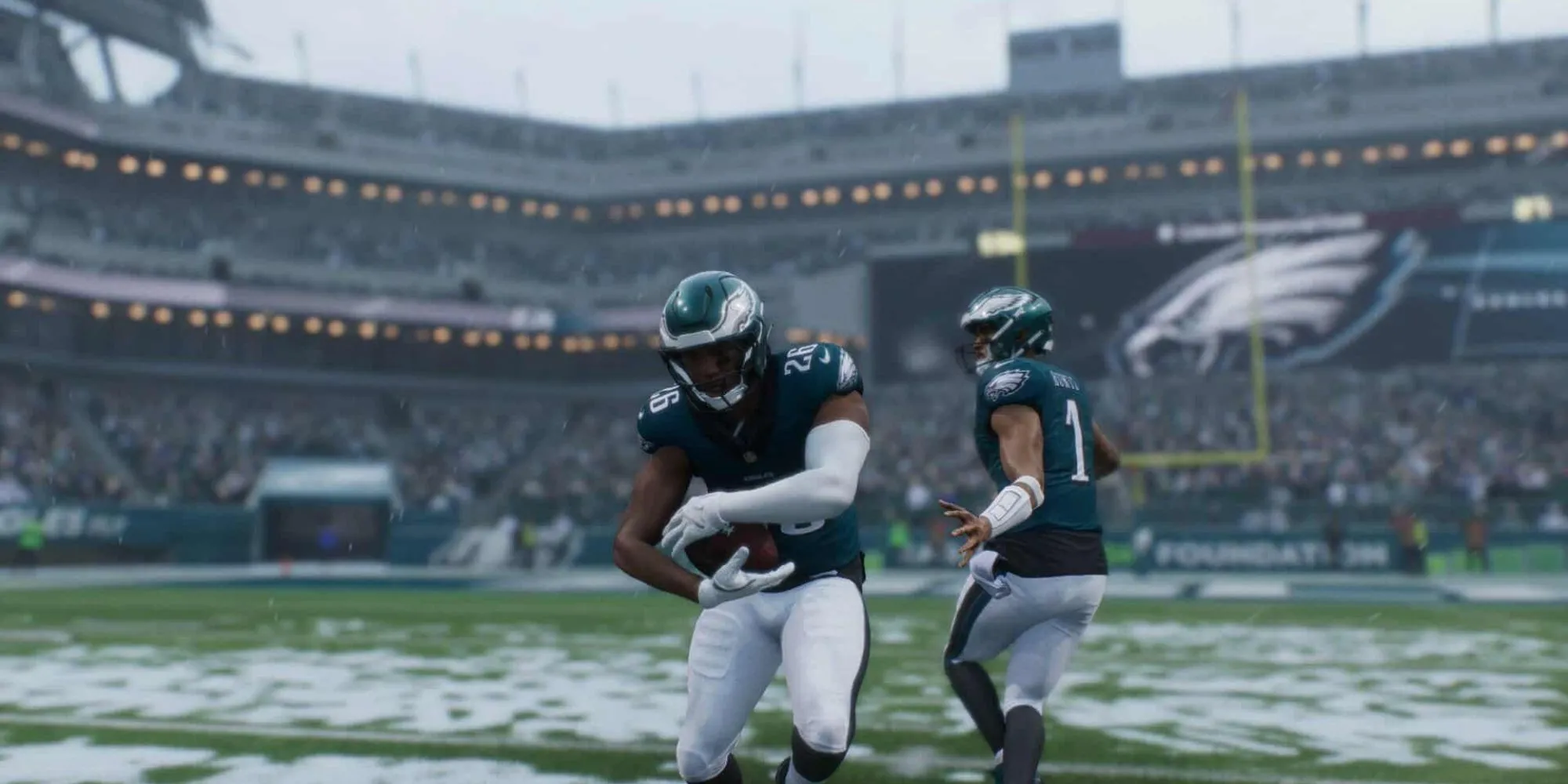 Madden NFL 26 Eagles trên Nintendo Switch 2, các cầu thủ đội Eagles đang tập trung trên sân