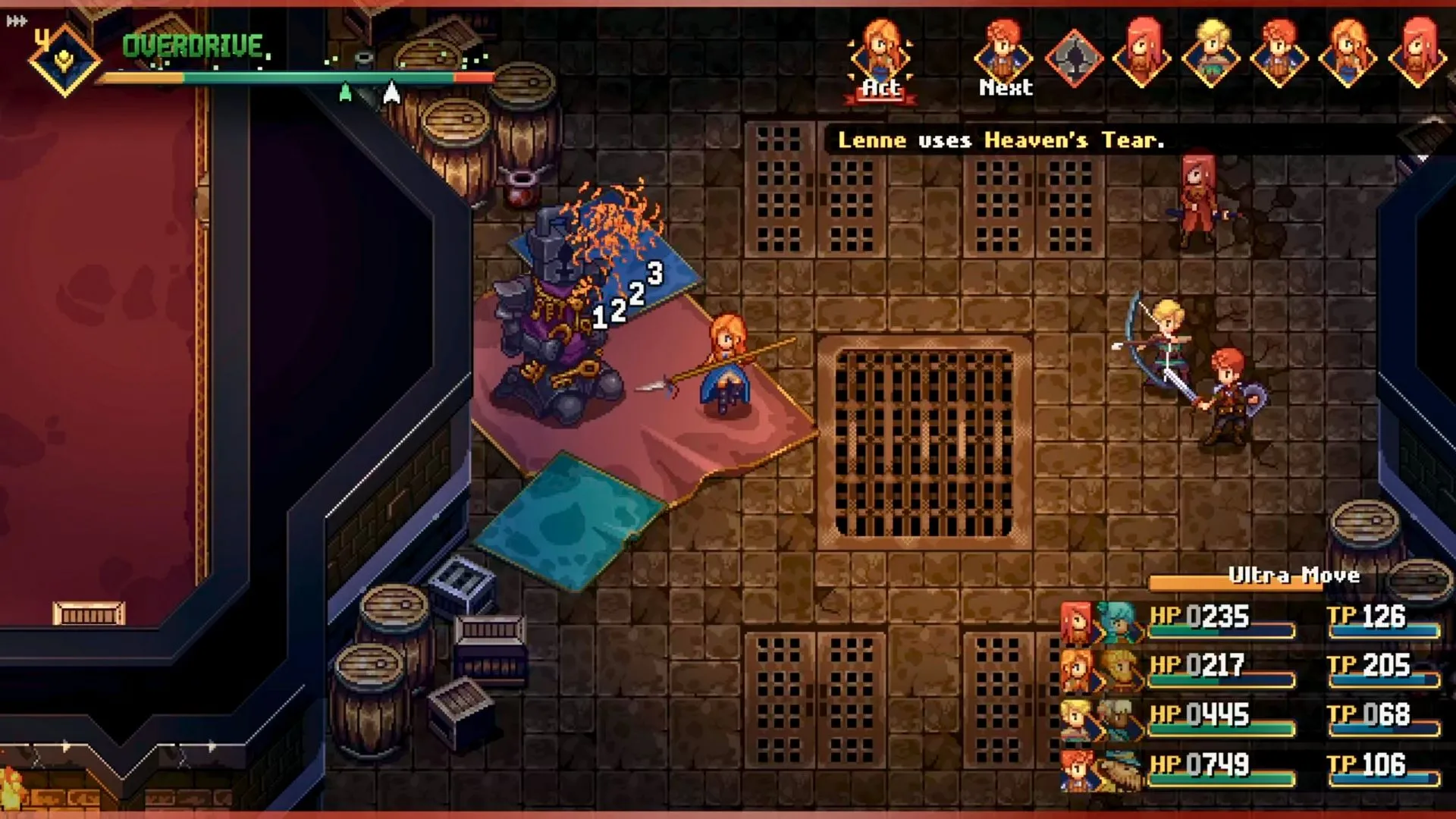Màn hình chiến đấu turn-based đặc trưng của Chained Echoes Ashes of Elrant với hiệu ứng kỹ năng mãn nhãn