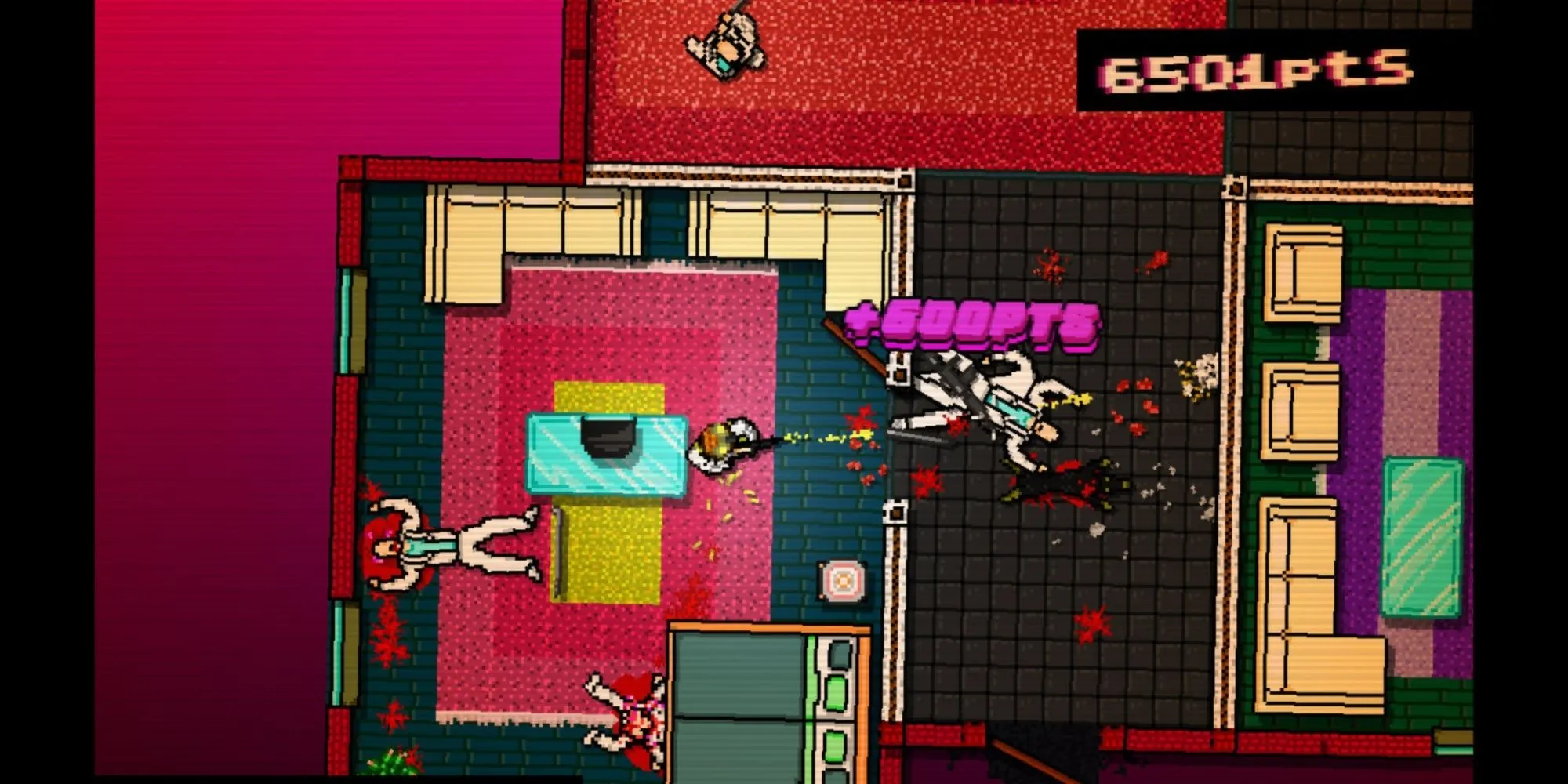 Một cảnh hành động góc nhìn từ trên xuống trong Hotline Miami với hiệu ứng máu bắn