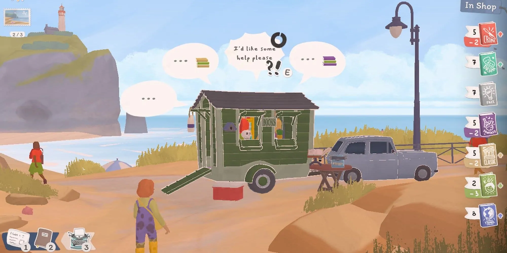 Một khách hàng cần giúp tìm sách khi đang ở bãi biển trong game Tiny Bookshop