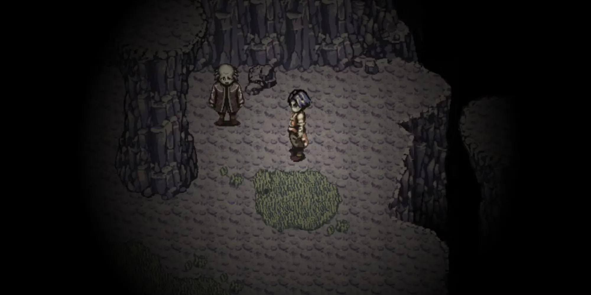 Một khung cảnh đồ họa pixel 2D trong game Fear &amp; Hunger, với các nhân vật đứng trước một lâu đài tối tăm