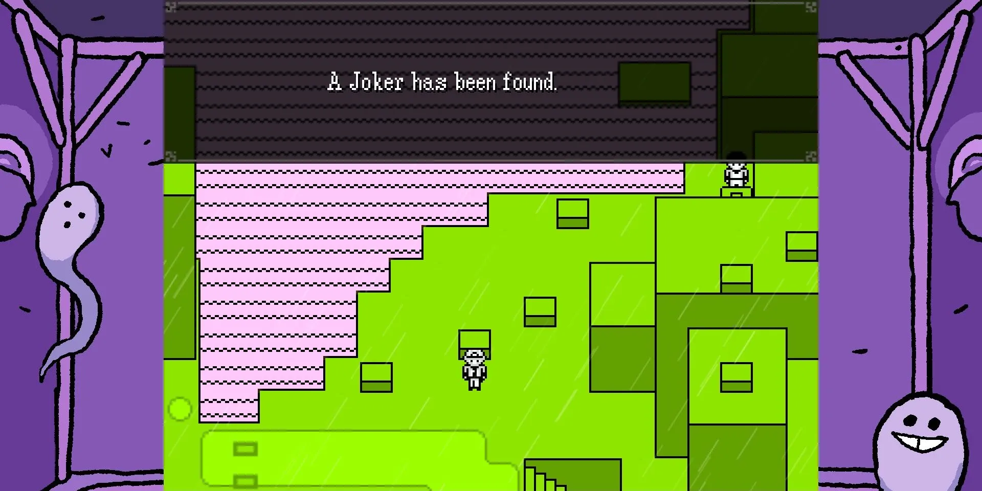 Một nhân vật bí ẩn giống Joker xuất hiện trong game OFF Remaster, thể hiện tính chất surreal của thế giới game.