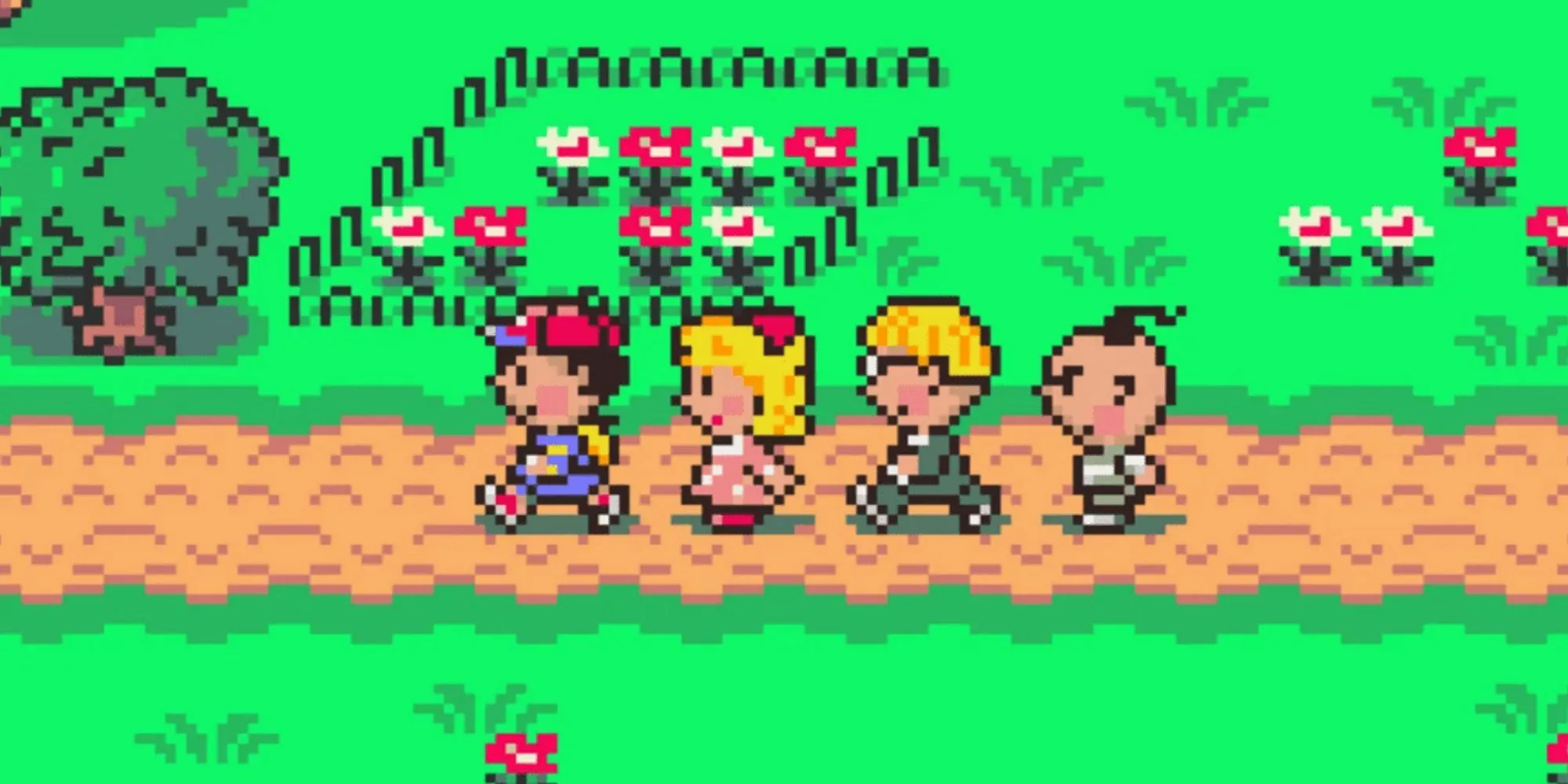 Ness cùng đồng đội khám phá một thị trấn đầy màu sắc trong game JRPG kinh điển Earthbound