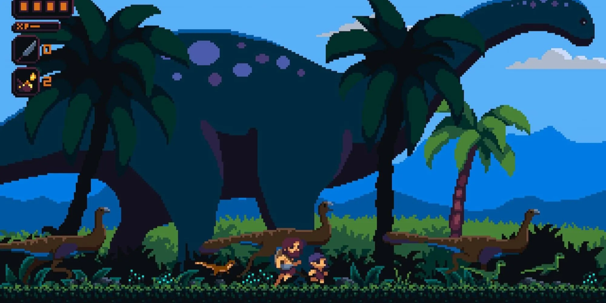 Nhân vật chạy cùng khủng long trong Primal Planet, một game Metroidvania co-op đầy thử thách 2025