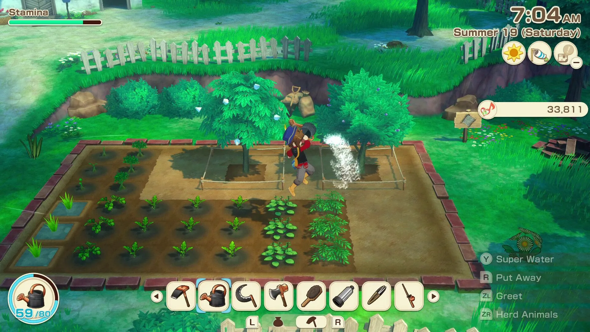 Nhân vật chính cưỡi ngựa dạo quanh nông trại trong Story of Seasons Grand Bazaar