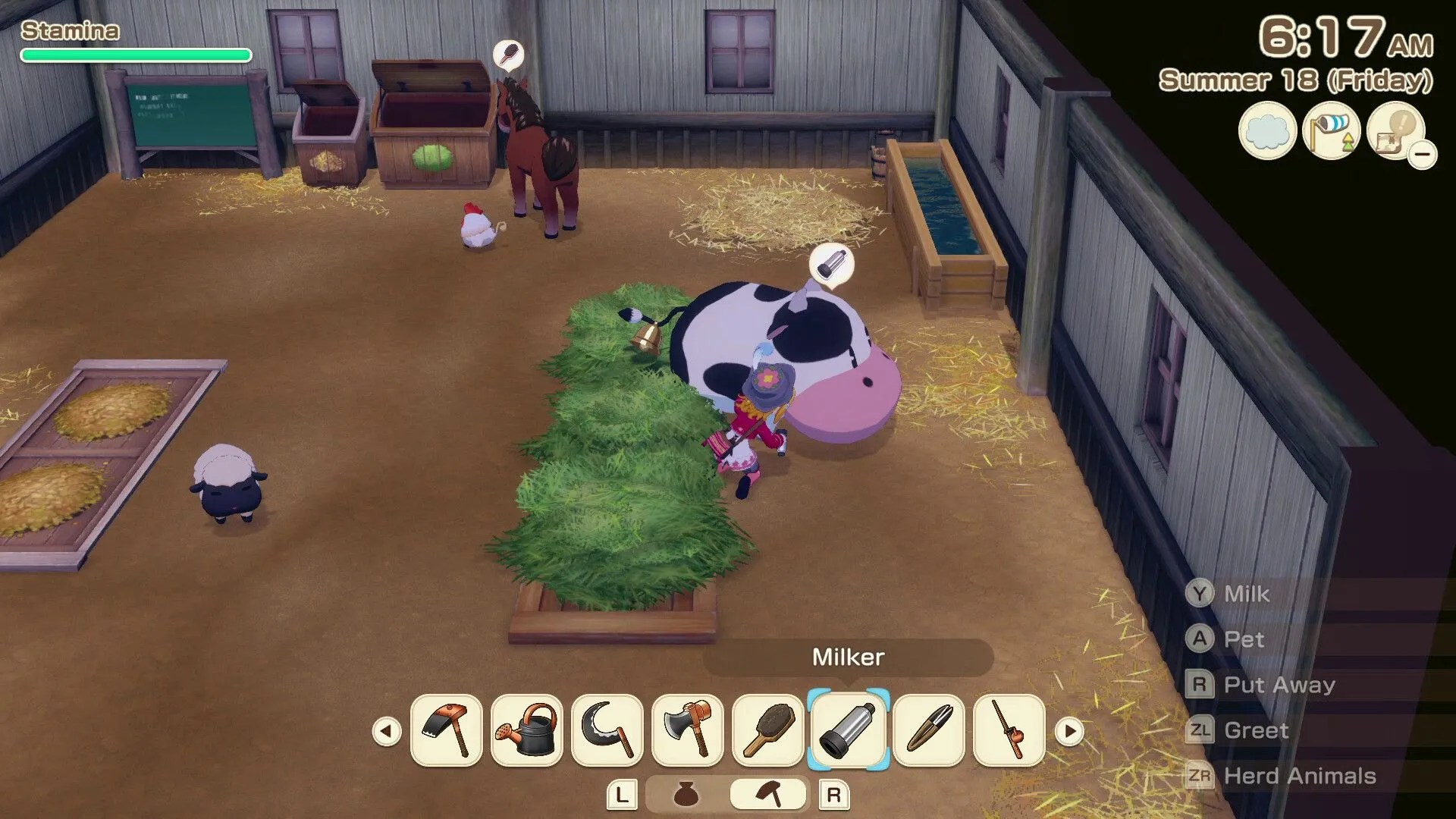 Nhân vật chính đang tưới cây trên nông trại xanh mướt trong Story of Seasons Grand Bazaar