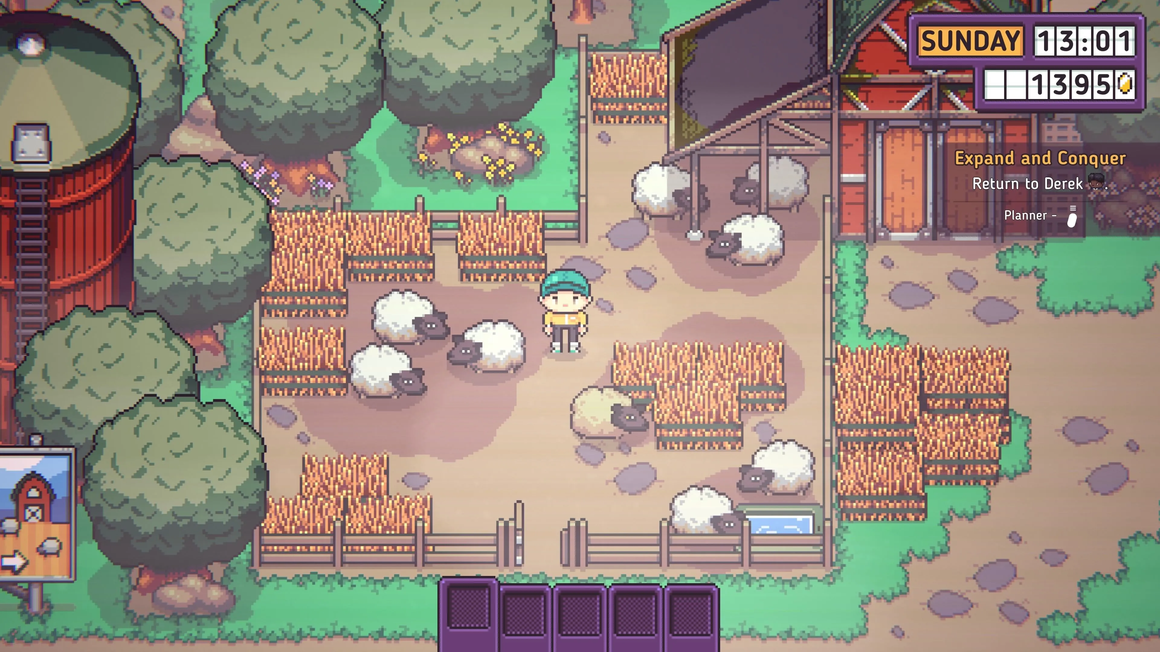 Nhân vật game Discounty đang đứng cạnh một NPC nông dân giữa cánh đồng xanh mướt, thể hiện các tương tác xã hội trong game cozy